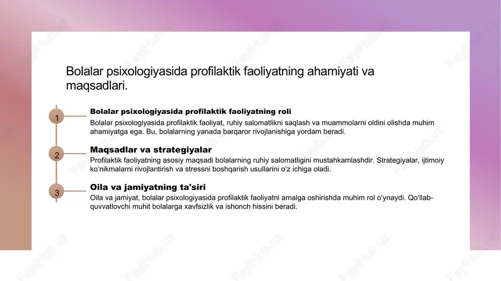 tutadi. oila ichidagi sevgisi va qo'llab-quvvatlashi, bolalarning psixologik salomatligini mustahkamlaydi. an'anaviy ta'lim o'zbek madaniyatidagi an'anaviy ta'lim usullari, bolalarga axloqiy, ijtimoiy va madaniy qadr-qimmatlarni tushunishga yordam beradi, bu esa ularning rivojlanishiga ijobiy ta'sir qiladi. ijtimoiy qadriyatlar o'zbek ijtimoiy qadriyatlari, bolalar o'rtasida hamjihatlik va bir-biriga hurmatni oshiradi. bu, ularning ruhiy salomatligi va ijtimoiy ko'nikmalarini rivojlantiradi. milliy an'analar va bolalar tarbiyasidagi ta'siri. milliy an'analar bolalar tarbiyasida muhim rol o'ynaydi. ular nafaqat madaniy merosni saqlash, balki bolalarda ijtimoiy va emosional qobiliyatlarni rivojlantirishga ham yordam beradi. masalan, oila an'analari bolalarga mehr-muhabbat va hurmatni o'rgatadi. shuningdek, milliy qadriyatlar orqali bolalar muloqot va hamkorlik ko'nikmalarini shakllantiradilar. photo by jeff dewitt on unsplash o'zbek bolalarida psixologik rivojlanish va uning xususiyatlari. 1 o'zbek bolalarining rivojlanishi - o'zbek bolalarining psixologik rivojlanishi madaniy, ijtimoiy va iqtisodiy omillardan ta'sirlanadi, bu esa ularning hissiy va kognitiv qobiliyatlarini shakllantiradi. 2 hissiy rivojlanish - o'zbek bolalarida hissiy rivojlanish ko'pincha oilaviy muhitdan kelib chiqib, empatiya, o'zini …