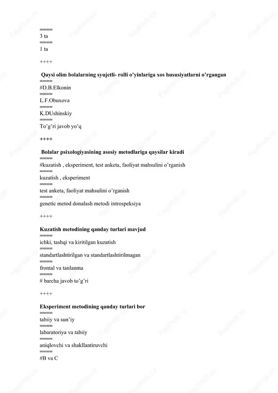richa psixik taraqqiyotning harakatlantiruvchi kuchi bu- ==== tarbiya ==== o’yin ==== #ta’lim ==== mehnat ++++ rivojlanishning eng yaqin zonasi bu- ==== bola rivojlanishining ayni vaqtdagi darajasi ==== kelajakda erishish mumkin bo’lgan taxminiy darajasi ==== # bola rivojlanishining ayni vaqtdagi darajasi bilan kelajakda erishish mumkin bo’lgan taxminiy darajasi o’rtasidagi vaqtinchalik masofa ==== bola rivojlanishining ayni vaqtdagi darajasi bilan kelajakda erishish mumkin bo’lgan taxminiy darajasi o’rtasidagi doimiy masofa ++++ l.s. vigotskiy konsepsiyasida bola psixik taraqqiyotning nechta asosiy qonunini ta’riflagan? ==== 5 ta ==== # 4 ta ==== 3 ta ==== 2 ta ++++ l.s. vigotskiy konsepsiyasida bola psixik taraqqiyotning qaysi asosiy qonunida ushbu fikr ta’riflagan?”bolaning rivojlanishi o’z sur’atlariga ega, bu sur’atlar vaqt ritmiga to’g’ri kelmaydi” ==== #bola taraqqiyot ritmlarining farqlanish qonuni ==== bola taraqqiyotidagi metamorfoza qonuni ==== bola taraqqiyotining notekislik qonuni ==== oliy psikxik funksiyalarning shakllanish qonuni ++++ l.s. vigotskiy konsepsiyasida bola psixik taraqqiyotning qaysi asosiy qonunida ushbu fikr ta’riflagan? “ rivojlanish …