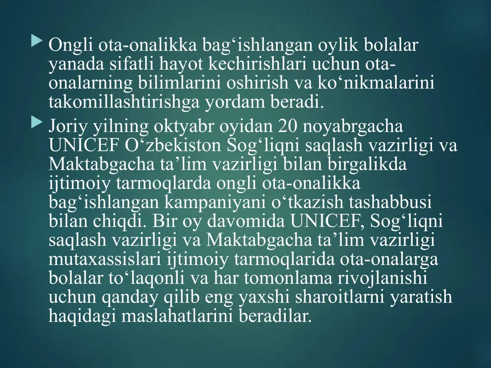 lashni biladilar yoki sanʼatdan mashgʼulot oʼtkazish uchun xonani jihozlashga yordam berishlari mumkin. mahoratli tarbiyachi bir-birlarini maʼnaviy jihatdan qoʼllab- quvvatlashlari uchun ikki nafar otani guruhga yoki yigʼilishga birgalikda kelishga taklif etadi, otalar bir-birlari bilan uchrashishlari va oʼz bolalari toʼgʼrisida fikr almashishlari uchun tadbir tashkil etadi. ota-onalar yigʼilishlari uchun mavzularni tanlashda ularga quyidagi roʼyxat taqdim etilishi mumkin: bolaning oʼsishi va rivojlanishi; qiyin xulq-atvorni qanday tuzatish mumkin; bolaning ovqatlanishi; bolalar kasalliklari; oʼyin orqali oʼrgatish; shaxsiy qadr-qimmat hissini rivojlantirish; nutqni rivojlantirish; oʼyinchoqlarni tanlash va h.k. ota-onalar va mtm mutaxassislari foydalanishi mumkin boʼlgan maʼlumotlarni olish uchun. kuzatish bolalarni, ularning qiziqishlari, yutuqlari, muloqot va oʼzaro aloqa koʼnikmalarini, muammolarini, alohida ehtiyojlarini tushunishni hamda xulosalarning asosliligini taʼminlashga yordam beradi. pedagoglar ota-onalar bilan ishlash jarayonida oilaga bolalar, ularning kuchli va zaif tomonlari, alohida ehtiyojlari haqida koʼproq bilishga koʼmaklashadi. bunday maʼlumot almashuv chinakam hamkorlik muhitini vujudga keltiradi. oilalar bilan hamkorlik ishlarini olib borish bola rivojlanishining dastlabki bosqichlarida oilaning tutgan oʼrni …