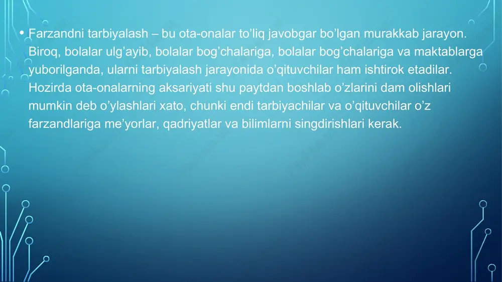 ab ma’muriyati va barcha sinf o’qituvchilari ota-onalar tarkibini ularning ta’lim va kasbiy darajasi, to’liq va to’liq bo’lmagan oilalar to’g’risidagi ma’lumotlar, o’quvchilarning ota-onalari salomatligi, yashash sharoitlari, bolalarni tarbiyalash imkoniyatlari bo’yicha tahlil qiladilar. , ularning oilaviy an’analari. talabaning oilasini o’rganish oilaning yo’lini, uning ijtimoiy munosabatlarini, axloqiy va ma’naviy qadriyatlar tizimini, boshqa odamlar va bir-birlari bilan munosabatlarini, oilaviy an’analarni, ota-onalarning pedagogik tarbiyasini, tashkil eta olish qobiliyatini tushunishga imkon beradi. ta’lim maqsadlariga va bolaning yoshiga muvofiq oiladagi bolalarning hayoti va faoliyati. muloqotning barcha turlari, qo’shma ta’lim faoliyati jarayonida ota-onalar bilan barcha aloqalar oila tarbiyasi, oilada bo’sh vaqtdan foydalanish, oila a’zolarining sevimli mashg’ulotlari, ota-onalarning ota-onalarning ota-onalarini tushunish chuqurligi haqida yangi materiallarni taqdim etadi. bolaning shaxsiyatini shakllantirish jarayoni, bu bola shaxsini rivojlantirish uchun oila bilan ishlashning pedagogik vakolatli yo’nalishini tanlash imkonini beradi. etiboringiz uchun rahmat!! image2.png image3.jpeg image4.jpeg /docprops/thumbnail.jpeg
