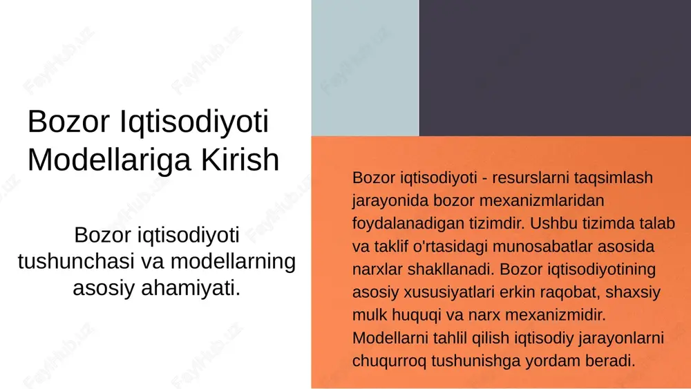 ish va iste'molga ta'sir qiladi, iqtisodiy o'zgarishlarga moslashadi. misollar va real hayotdan holatlar klassik modelda bozor raqobati, neo-klassikda esa monopoliyalardan kelib chiqadigan misollar keltiriladi. klassik bozor modeli va iqtisodiy o'zgarishlar klassik bozor modeli narxlar va ishlab chiqarish hajmini belgilash orqali bozor muvozanatini saqlab turadi. ushbu modelda talab va taklif o'rtasidagi muvozanat iqtisodiy samaradorlikni ta'minlaydi. klassik bozor modelining iqtisodiy o'zgarishlarga ta'siri katta. narxlarning erkin o'zgarishi iqtisodiy resurslarning samarali taqsimlanishini ta'minlaydi. bu model orqali bozorning o'zgarishlarga tez moslashishi mumkin. tarixiy misollar sifatida, sanoat inqilobi davrida klassik bozor modeli ko'plab mamlakatlarda qo'llanildi. ushbu model orqali narxlar va ishlab chiqarish hajmi belgilangan va bozor muvozanati saqlangan. bozor iqtisodiyotining afzalliklari va kamchiliklari ✔️ samaradorlik va innovatsiyalarni rag‘batlantiradi ✔️ erkin raqobat orqali sifatni oshiradi ✔️ talab va taklif asosida resurslarni taqsimlaydi ❌ ijtimoiy tengsizlikni kuchaytirishi mumkin ❌ monopoliyalar shakllanishi ehtimoli ❌ iqtisodiy inqiroz xavfi afzalliklari kamchiliklari neo-klassik bozor modeli va uning ta'siri neo-klassik bozor modeli raqobat …