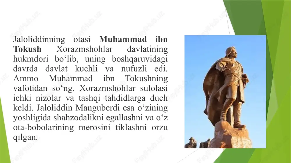 kumatni mustahkamlashga qaratilgan ichki islohotlarni amalga oshirgan. shuningdek, ular o‘zlarining huquqiy tizimini, soliq tizimini va armiyasini samarali ishlatishgan. ammo, davlatning kuchli bo‘lishiga qaramay, ba'zi ichki nizolar, ya'ni qarorlar ustidan kurashlar, ayrim amaldorlar o‘rtasidagi ziddiyatlar, siyosiy beqarorlikka olib keldi. xorazmshohlar davlati ichida bir qancha siyosiy beqarorliklar mavjud edi. xususan, hukmdorlar o‘rtasidagi ziddiyatlar, merosxo‘rlar o‘rtasidagi qarorlar ustidagi kurashlar davlatni zaiflashtirdi. muhammad ibn tokushning vafotidan so‘ng, uning farzandlari o‘rtasida hokimiyatni egallash uchun kurash boshlandi. bu siyosiy inqiroz xorazmshohlar davlatining boshqaruvini o‘zgartirib, davlatning markazlashgan hokimiyatini zaiflashtirdi. xorazmshohlar davlatining inqiroziga olib kelgan eng muhim omil moʻgʻul imperiyasining bostirib kirishi edi. 1218-yilda chingizxon boshchiligidagi moʻgʻullar xorazmshohlar davlatiga qarshi harbiy yurish boshladilar. xorazmshoh muhammad ibn tokushning o‘zi bilan shartnoma tuzishga harakat qilgan moʻgʻullar, uning shartnomasini rad etishdi, bu esa moʻg‘ullarni xorazmga hujum qilishga undadi. xorazmshohlar davlatining moʻgʻullarga qarshi kurashdagi muvaffaqiyatsizligi davlatni qulashi va inqirozga olib keldi. xorazmshoh muhammad ibn tokushning moʻgʻullar bilan janglarda yengilishi, xorazmning qulashi, va …