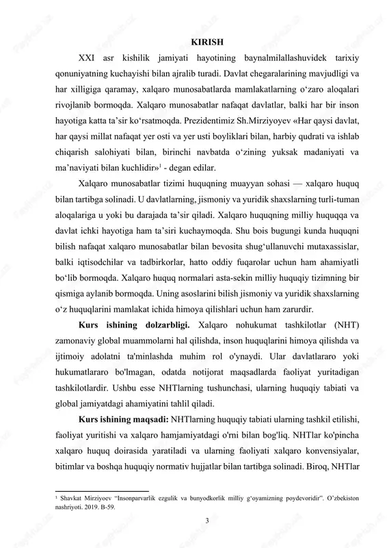 ati esa ularning faoliyatini tartibga soluvchi normativ hujjatlar va xalqaro konvensiyalar orqali belgilanadi. kurs ishining amaliy ahamiyati xalqaro nohukumat tashkilotlar zamonaviy dunyoda muhim rol o'ynaydi. ular global muammolarni hal qilishda, inson huquqlarini himoya qilishda va ijtimoiy adolatni ta'minlashda faoliyat yuritadi. nhtlarning ishlashi natijasida xalqaro hamjamiyatda yanada barqaror va adolatli jamiyatlarni yaratish imkoniyati paydo bo'ladi. kurs ishining tuzilishi va hajmi: kurs ishi kirish, 2 ta bob, 4 ta paragraf, xulosalar va adabiyotlar ro‘yxatidan iborat. i bob. xalqaro nohukamatlararo tashkilotlar tushunchasi va huquqiy tabiati 1.1. xalqaro nohukamatlararo tashkilotlar tushunchasi xalqaro huquq murakkab ijtimoiy voqeadir. u o‘ziga xalqaro munosabatlarning turli tomonlarini tartibga soladigan juda ko‘p huquqiy normalarini kiritgan va ular xalqaro huquqning alohida tarmoqlari bo‘yicha bo‘linadi. masalan; diplomatik va konsullik huquqi, xalqaro dengiz, havo, kosmik huquqlari va hokazo. xalqaro huquqning manbalariga asosan xalqaro shartnomalar, xalqaro odatlar, konvensiyalar va boshqalar kiradi. umumiy xalqaro konvensiyalar asosida shunday shartnomalar tushuniladiki, unda barcha davlatlar ishtirok etadi yoki …