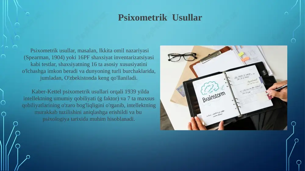 ublikasidagi o'quvchilarnikidan yuqori bo'lgan. temperament va uning turlari temperamentning 5 omil modeli (ocean) kabi zamonaviy yondashuvlar 5 ta o‘lchov (ochiqlik, vijdonlilik, ekstraversiya, yoqimlilik, neyrotizm) orqali shaxsning temperamentini ancha murakkabroq va to‘liqroq tasvirlaydi. 1960 yillardagi tadqiqotlar shuni ko‘rsatdiki, bolalarning temperamenti 2 yoshga to‘lganida aniqlanadi va ularning keyingi ijtimoiy moslashuvi va akademik muvaffaqiyatlariga sezilarli darajada ta'sir qiladi. psixologik diagnostika usullari intellekt testlari, masalan, stenford-bine va veksler testlari, aqliy qobiliyatlarning 3 ta asosiy sohasini o'lchaydi, bunday testlardan foydalanish rossiya va o'zbekistonning ta'lim muassasalarida keng tarqalgan. psixologik diagnostika usullari, masalan, 16pf shaxsiylik inventarizatsiyasi, 5 omilli modelini baholashga imkon beradi va bunday testlar ko'plab psixologlar tomonidan dunyoning turli mintaqalarida, jumladan, o'zbekistonda ham qo'llaniladi. eksperimental usullar minnesota shahridagi ikki guruh – 100 nafar ayollar va 100 nafar erkaklar guruhlarini qamrab olgan tadqiqot, shaxsiyat xususiyatlari va muayyan stimullarga berilgan fiziologik reaksiyalar o‘rtasidagi bog‘liqlikni eksperimental tarzda o‘rganish imkonini berdi. reaksiya vaqti o‘lchovlari bilan bog‘liq bo‘lgan eksperimentlar, 50 millisekund …