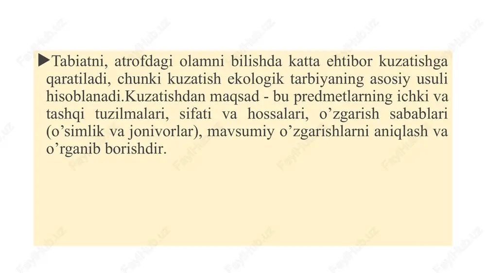 ga muhabbat, unga ehtiyotkorona munosabatda bo‘lish vatanga muhabbat shakllantiriladi. tabiat bilan tanishtirishda tarbiyachining o‘rni kelajak avlodni barkamol kishilar qilib tarbiyalash shu kunning dolzarb masalalaridan biridir. bu borada bolalarni tabiat bilan tanishtirish muhim rol o‘ynaydi. shunga ko‘ra maktabgacha ta’lim muassasalarida ishlayotgan tarbiyachilar oldida bolalarda tabiat go‘zallikiarini ko‘ra bilish, uni sevish, tabiatda yuz berayotgan voqea, hodisalar haqida to‘g‘ri tu- shunchalar hosil qilish, ularga ekologik ta’lim-tarbiya berish- dek muhim vazifa turadi. tarbiyachi eng avvalo o‘zi tabiatni sevuvchi, jonli va jonsiz tabiat haqida aniq bilimlarga ega bo‘lmog‘i lozim. tarbiyachi bolalarni tabiat bilan tanishtirish uchun «ilk qadam» o`quv dasturida berilgan tabiatga oid bilimlar bilan tanishib chiqqan va har bir yosh guruh uchun berilishi lozim bo‘lgan bilim, ko‘nikma, malakalar haqida to‘liq ma’lumotga ega bo‘lishi zarur. tarbiyachi har bir faslda olib boradigan tabiat haqidagi bilimlarini to‘g‘ri rejalashtirishi, yer maydonchasidagi o‘simiikiar, tirik burchakdagi xona o‘sim- liklari, akvariumda, terrariumda yashovchilarni parvarish qilish ko‘nikmalarini, qafasdagi qushlar va mayda sute- mizuvchilar …