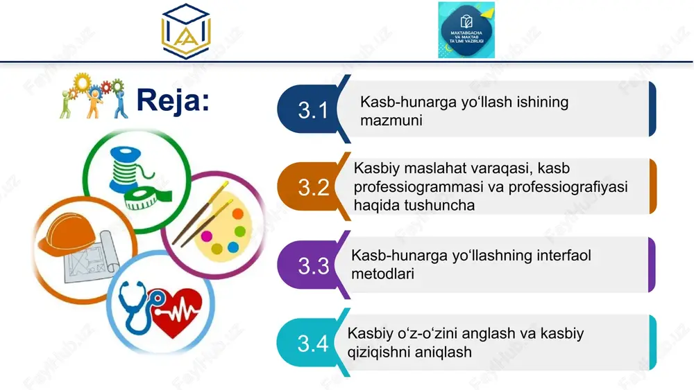 eng muhimlari keltiriladi o‘quvchilarning yoshi va psixologik jihatlarini hisobga olib mavzularni shakllantirish; mavzularni birlashtirgan bo‘limlarning ham bir-biriga bog‘liqligini ta’minlash; spiralsimon takrorlash tamoyiliga asoslanish; mavzu va nazariy ma’lumotlarga mos soatlarni taqsimlash; steam- fanlararo integratsiyani ta’minlash; o‘quv tadqiqotlarni o‘tkazish uchun amaliy mashg‘ulotlar va loyiha ishlariga alohida e’tibor qaratish; milliy baholash tizimini yaratish. muhim tamoyillar o‘zlashtirishi past bo‘lgan o‘quvchilarni o‘rganish jarayonida ularda ta’sir ko‘rsatayotgan faktorlar past o‘zlashtirish muammosini hal qilish ko'pincha o‘quvchilarni individual qo'llab-quvvatlashni va ta'lim muhitidagi tizimli o'zgarishlarini o'z ichiga olgan kompleks yondashuvni talab qiladi. 1. ijtimoiy-iqtisodiy ahvol 2. motivatsiyaning yo'qligi 3. oiladagi muammolar 4. qo'llab-quvvatlashning etishmasligi 5. xulq-atvor va moslashish muammolari 6. o'qituvchi tomonidan yetarlicha e'tibor bermaslik 7. salomatlik va psixologik muammolar 8. til to'siqlari 9. tegishli o'quv resurslari va xizmatlarining etishmasligi 2030 yilgacha yo'qoladigan kasblar: *buxgalter *stenograf *sayohat agenti *yuridik maslahatchi *notaries *bank xodimi *jurnalist *sport tahlilchisi *tarjimon *farmatsevt *qorovul 2030 yilgacha paydo bo'ladigan kasblar: *it maslaxatchi shifokori *genetika bo'yicha …