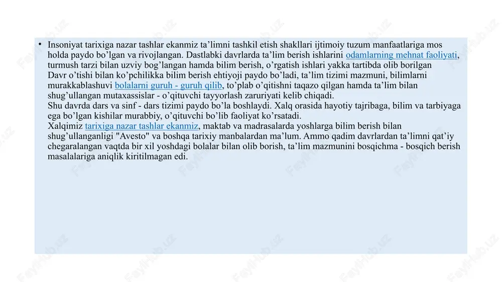 n mashg’ulotlardir. dars - o’z oldiga qo’yilgan aniq maqsad va tugal mazmundan iborat. darsning maqsadi, mazmuni, hajmi ta’lim standartlari asosida belgilanadi. dars o’quv ishlarining asosiy tashkiliy shakli ekan, bu jarayonda quyidagilarga amal qilinishi lozim: - har bir sinfda o’quvchilarni yoshi va bilim darajasi bir xil bo’lishi lozim. - dars qat’iy jadval bo’yicha belgilangan muddatda olib borilishi kerak. - dars o’qituvchi rahbarligida butun sinf bilan va alohida o’quvchilar bilan ishlash shaklida olib boriladi. - dars, o’quv fanining xarakteri, o’qitilayotgan materialning mazmuniga qarab turli usullar va vositalarda olib boriladi hamda ta’lim tizimining bir qismi sifatida tugallangan bilim beradi, navbatdagi bilimlarni o’zlashtirmoq uchun zamin yaratadi. image1.jpeg image2.jpeg image3.jpeg image4.jpeg image5.jpeg image6.jpeg image7.jpeg image8.jpeg image9.jpeg image10.jpeg image11.jpeg image12.jpeg image13.jpeg image14.jpeg image15.jpeg /docprops/thumbnail.jpeg