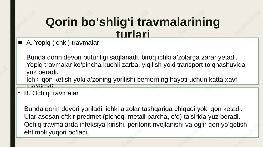 n yo‘qotish natijasida qon aylanishning keskin buzilishi. 4. sepsis – infeksiya qon orqali butun tana bo‘ylab tarqaladi. 5. organ funksiyalarining buzilishi – jigar, buyrak, ichak faoliyati izdan chiqadi foydalanilgan adabiyotlar roʻyxati 1. tursunov a. – xirurgiya asoslari, toshkent tibbiyot akademiyasi nashriyoti, 2021. 2. mamatov b. – shoshilinch tibbiy yordam va travmatologiya, toshkent, 2020. 3. jo‘rayev s. – amaliy jarrohlik, toshkent, 2019. 4. o‘zbekiston respublikasi sog‘liqni saqlash vazirligi – travmatologiya va shoshilinch tibbiy yordam bo‘yicha klinik tavsiyalar, 2023. image1.jpeg image2.jpeg image3.jpeg /docprops/thumbnail.jpeg