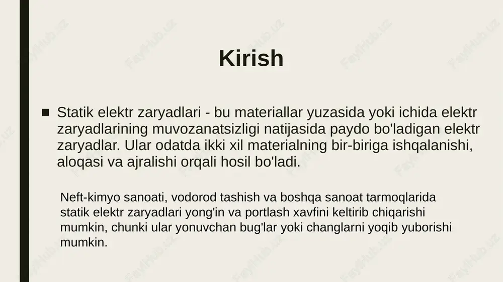 ri. – toshkent: “o‘zbekiston milliy ensiklopediyasi” nashriyoti, 2019. 2. abdullayev sh. elektrostatika va elektr xavfsizligi asoslari. – toshkent: “fan va texnologiya”, 2020. 3. ergashev m., karimov n. ishlab chiqarishda elektr xavfsizligi. – toshkent: tatu nashriyoti, 2021. 4. o‘zbekiston respublikasining “mehnat muhofazasi to‘g‘risida”gi qonuni. – toshkent, 2022. eʼtiboringiz uchun rahmat! image1.jpeg image2.jpeg image3.jpeg image4.jpeg image5.jpeg /docprops/thumbnail.jpeg
