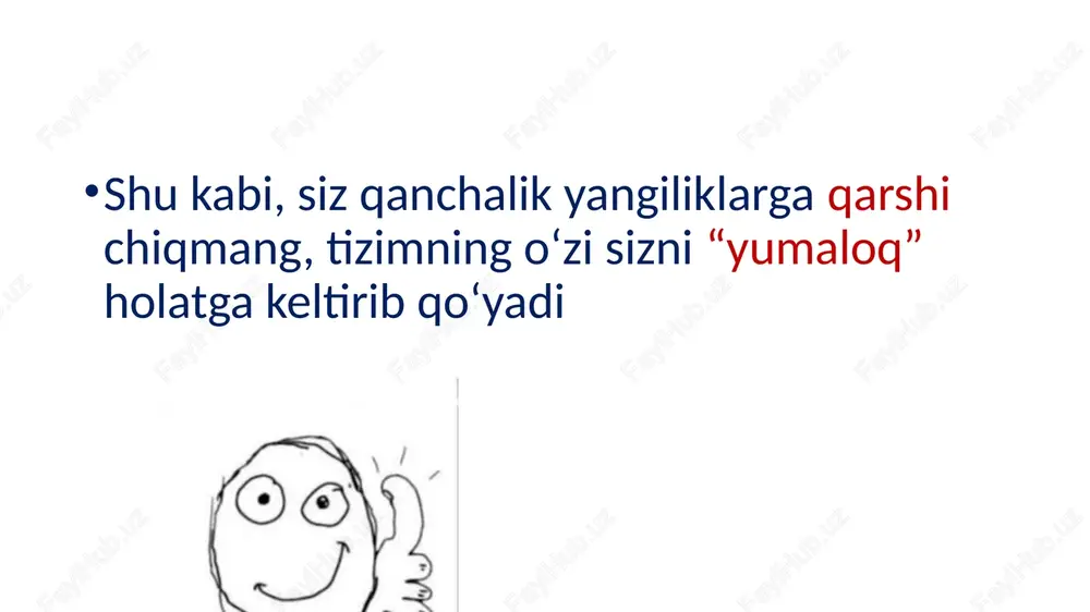b olish uchun yetarli boʻladi? p=30m a=8m b=? m 8 m p=30 m 1ball p=2(a+b) 30=2(8+b) b= 30:2-8 b=7 1ball 1ball 2ball javob: agar tomorqaning ikkinchi tomoni 7 metr boʻlsa, panjara uni oʻrab olish uchun yetarli boʻladi 1ball jami:6 ball xatolar baholanadi xato uchun jazolanadi “4” 1 ta xato “2” 3 ta xato “3” 2 ta xato “5” avans ballar kamayib boradi © copyright presentationgo.com – the free powerpoint and google slides template library 34 oʻquvchining muvaffaqiyatlarini baholaymiz 1,2 va3-koʻnikma 1-koʻnikma . 1 va2-koʻnikma 1,2,3 va 4-koʻnikma ballar qoʻshib boriladi © copyright presentationgo.com – the free powerpoint and google slides template library 35 1 3 2 mezonlarga asoslangan baholashda oʻquvchi nimalarni bilishi va tushunishi kerak? baholash mezonlarini taʻlimiy maqsadlarni oʻz ishini baholashni © copyright presentationgo.com – the free powerpoint template library 36 amaliy topshiriq reproduktiv daraja reproduktiv darajadagi topshiriqlarining mazmuni o‘quvchilar tomonidan o‘quv materiali qayta ishlanmasdan, ularning xotirlash qobiliyatini aniqlovchi, …