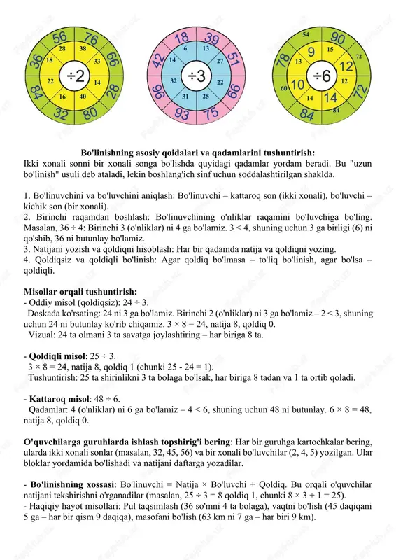 tushuntirish: 25 ta shirinlikni 3 ta bolaga bo'lsak, har biriga 8 tadan va 1 ta ortib qoladi. - kattaroq misol: 48 ÷ 6. qadamlar: 4 (o'nliklar) ni 6 ga bo'lamiz – 4 < 6, shuning uchun 48 ni butunlay. 6 × 8 = 48, natija 8, qoldiq 0. o'quvchilarga guruhlarda ishlash topshirig'i bering: har bir guruhga kartochkalar bering, ularda ikki xonali sonlar (masalan, 32, 45, 56) va bir xonali bo'luvchilar (2, 4, 5) yozilgan. ular bloklar yordamida bo'lishadi va natijani daftarga yozadilar. - bo'linishning xossasi: bo'linuvchi = natija × bo'luvchi + qoldiq. bu orqali o'quvchilar natijani tekshirishni o'rganadilar (masalan, 25 ÷ 3 = 8 qoldiq 1, chunki 8 × 3 + 1 = 25). - haqiqiy hayot misollari: pul taqsimlash (36 so'mni 4 ta bolaga), vaqtni bo'lish (45 daqiqani 5 ga – har bir qism 9 daqiqa), masofani bo'lish (63 km ni 7 ga – har biri 9 km). iv. …