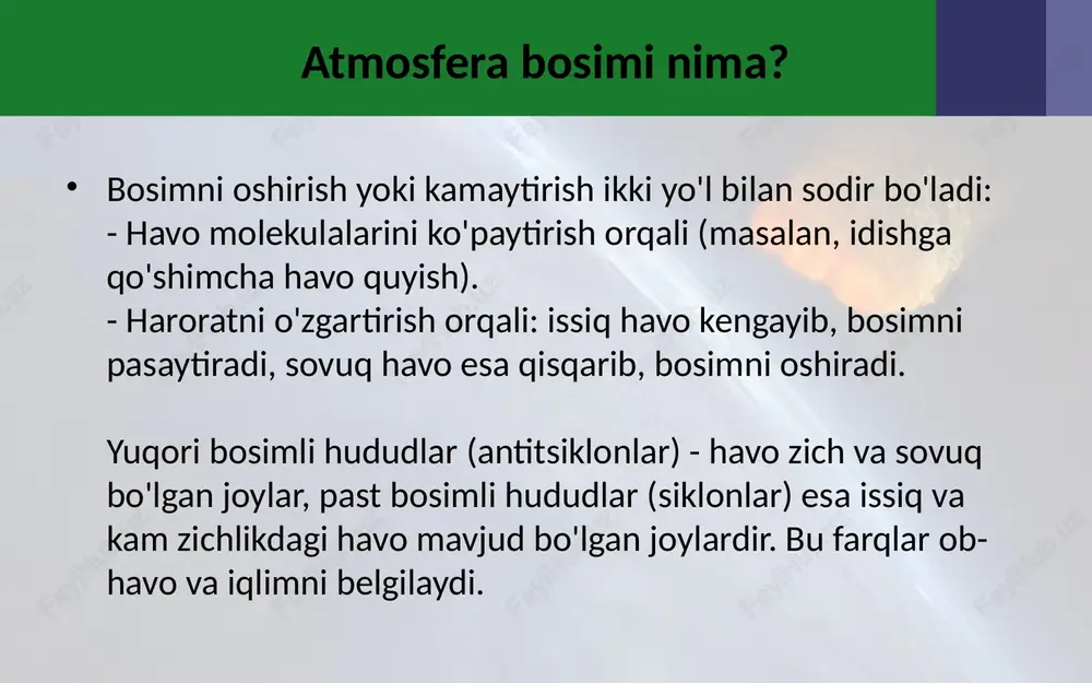 mollar (westerlies): 30°-60° oraliqda g'arbdan sharqqa esadi. - qutbiy shamollar (polar easterlies): 60° dan qutblarga qadar sharqdan g'arbga esadi. bunda tarozi ning ko‘rsatishi kamay gan ligi ku zatiladi (34-rasm). demak, havo ham ma’lum massaga ega ekan. ma’lumki, yerni havo qatlami o‘rab turadi. u atmosfera deb ataladi. demak, havo o‘z og‘irligi bilan yer yuzasiga bosim berishi kerak. suyuqlikda ishlaydigan oddiy manometr u ko‘rinishdagi naydan iborat bo‘lib, uning yarmigacha suyuqlik quyiladi (37-rasm). nayning bir uchi ochiq, ikkinchisi esa bosimi o‘lchanadigan idishga rezina shlang orqali ulanadi. shlang uchiga silindr shaklida idish kiydirilib yupqa rezina plyonka qoplanishi ham mumkin. xulosa atmosferadagi bosim va shamol harakati - bu yerning iqlim tizimining asosiy qismi. bosim farqlari shamolni hosil qiladi, bu esa ob-havo hodisalarini, masalan, bo'ronlar va mussonlarni keltirib chiqaradi. ushbu ma'lumotlar noaa, britannica va boshqa ilmiy manbalarga asoslangan. eʼtiboringiz uchun rahmat! image2.jpeg image3.png image4.png image5.png image6.png image7.png image8.png image1.jpeg /docprops/thumbnail.jpeg
