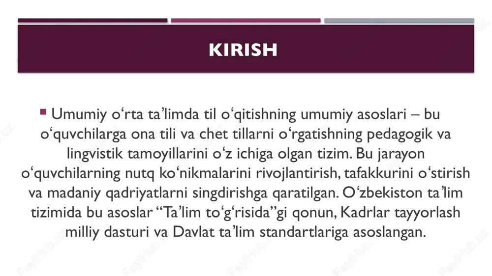vchilarga oʻquvchilarning individual ehtiyojlarini hisobga olish va innovatsion metodlardan foydalanishni talab etadi. natijada, oʻquvchilar savodli, muloqotga qodir va madaniyatli shaxslar boʻlib yetishadi. mavzu boʻyicha savollar 1. umumiy o‘rta ta’limda til o‘qitishning asosiy maqsadi nimadan iborat? 2. til o‘qitish jarayonida kommunikativ yondashuvning o‘rni qanday? 3. til o‘qitishda davlat ta’lim standartlari qanday ahamiyatga ega? 4. o‘quvchilarda nutq madaniyatini shakllantirish uchun qanday metodlar qo‘llaniladi? 5. ona tili ta’limi jarayonida grammatika va leksika o‘rtasidagi bog‘liqlik qanday izohlanadi? mavzu boʻyicha savollar 6. til o‘qitish jarayonida interfaol usullar (klaster, aqliy hujum, rolli o‘yinlar va boshqalar) qanday natija beradi? 7. dars jarayonida o‘quvchilarning mustaqil fikrlashini rivojlantirish uchun o‘qituvchi qanday usullardan foydalanadi? 8. til o‘qitishda baholash mezonlari va turlari nimalardan iborat? 9. til ta’limida axborot-kommunikatsiya texnologiyalarining (akt) roli qanday namoyon bo‘ladi? 10. o‘qituvchi til darslarida o‘quvchilarning motivatsiyasini oshirish uchun nimalarga e’tibor berishi lozim? image1.jpeg image2.jpeg image3.jpeg image4.jpeg image5.jpeg /docprops/thumbnail.jpeg