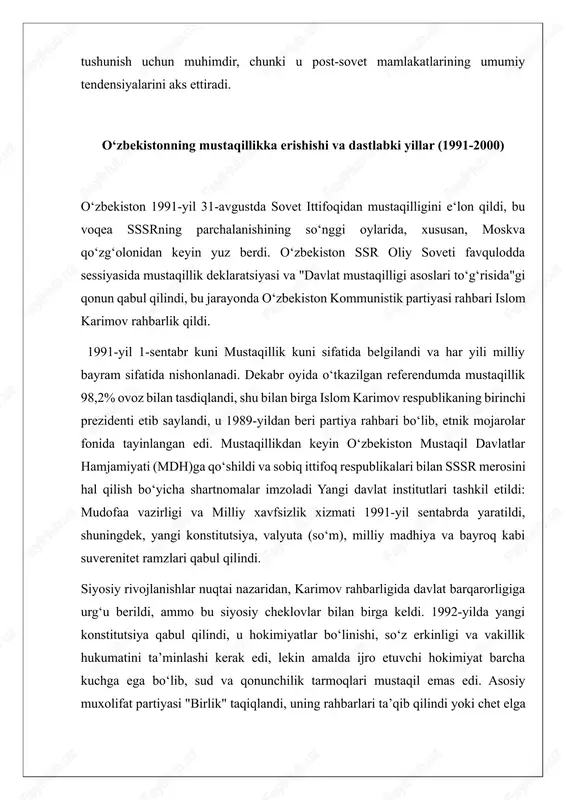 muxolifat 1992-1993-yillarda bostirildi. 1995-yilda referendum orqali karimov muddati 2000-yilgacha uzaytirildi, bu konstitutsiyaviy cheklovlarga zid boʻlib, xalqaro tanqidga sabab boʻldi. 2000-yilda karimov saylovda qayta saylandi, ammo bu jarayon xalqaro kuzatuvchilar tomonidan adolatli emas deb baholandi. iqtisodiy oʻtish davri juda qiyin kechdi: sovet subsidiyalarining yoʻqolishi inflyatsiya, mahsulot tanqisligi va iqtisodiy pasayishga olib keldi. oʻzbekiston mdhdan subsidiyalar ololmasligini anglab, eski iqtisodiy aloqalarni qayta koʻrib chiqdi, yangi bozorlar ochish va xorijiy investitsiyalarni jalb qilishga harakat qildi. iqtisod paxta, oltin, uran va gaz eksportiga asoslangan boʻlib, paxta yaimning 14% ini, qishloq xoʻjaligi esa 30% ini tashkil etdi. import oʻrnini bosish siyosati chet el savdosini nazorat qildi, valyuta konvertatsiyasi cheklangan edi, bu xorijiy investitsiyalarni toʻsqinlik qildi. sovet davridagi paxta monokulturasi orol dengizi falokatini kuchaytirdi, bu ekologik va iqtisodiy muammolarni yuzaga keltirdi. gʻarb yordami siyosiy cheklovlar tufayli cheklangan boʻlib, oʻzbekiston investitsiyalar uchun jozibador, ammo inson huquqlari boʻyicha salbiy imidjga ega edi xavfsizlik masalalarida islomiy ekstremizm kuchayishi muammo …