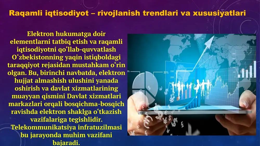 n iqtisodiyot hamkorlik va manfaatlarni baham ko‘rish («sharing-economy») iqtisodiyotiga almashmoqda. bu esa bozordagi raqobat o‘z o‘rnini o‘zaro manfaatli kooperatsiyaga va hamkorlikka faol bo‘shatishi, shu bilan birga, vertikal muloqotdan o‘zaro teng munosabatlar va bir-birini to‘ldiruvchi xizmatlarga o‘tishiga umid uyg‘otadi. ta'kidlanishicha, raqamli texnologiyalar iqtisodiyotga bog‘liq 50 foizdan ortiq sohalarni keskin o‘zgartirib yuboradi. ushbu qarash axborot texnologiyalari va raqamli platformalar biznes modellarni keskin o‘zgartirib, ularning samaradorligini vositachilarni bartaraf etishi va jarayonlarni optimallashtirishiga asoslangan. raqamli sektorning iqtisodiy ahamiyati e`tiboringiz uchun rahmat image3.png image4.png image2.png image5.png image6.png image7.png image8.jpeg image9.jpeg image10.png image11.png image12.png image13.png