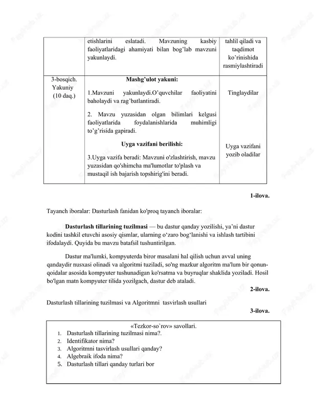 ishlash tartibini ifodalaydi. quyida bu mavzu batafsil tushuntirilgan. dastur ma'lumki, kompyuterda biror masalani hal qilish uchun avval uning qandaydir nusxasi olinadi va algoritmi tuziladi, so'ng mazkur algoritm ma'lum bir qonun-qoidalar asosida kompyuter tushunadigan ko'rsatma va buyruqlar shaklida yoziladi. hosil bo'lgan matn kompyuter tilida yozilgach, dastur deb ataladi. 2-ilova. dasturlash tillarining tuzilmasi va algoritmni tasvirlash usullari 3-ilova. 3-ilova. «tezkor-so`rov» savollari. 1. dasturlash tillarining tuzilmasi nima?. 2. identifikator nima? 3. algoritmni tasvirlash usullari qanday? 4. algebraik ifoda nima? 5. dasturlash tillari qanday turlari bor guruhda ishlash qoidasi 4-ilova guruhda ishlash qoidasi 4-ilova guruh a’zolari bir-birlarini tinglashlari hamda o’zaro hurmat va xushmuomalali bo’lishlari; berilgan topshiriqni hamkorlikda, faollikda, mas’uliyat bilan bajarish; bir-biriga yordam berish; guruh ishining natijasi baholanganda barcha a’zolar ishtirok etishi shart; guruhning har bir a’zosi quyidagilarni anglashi shart: boshqalarga yordam berib o’zimiz ham o’rganamiz! biz bir qayiqdamiz: yo birga suzib o’tamiz yoki birga g’arq bo’lamiz! 5-ilova guruh ishini baholash ko’rsatkichi va mezoni …