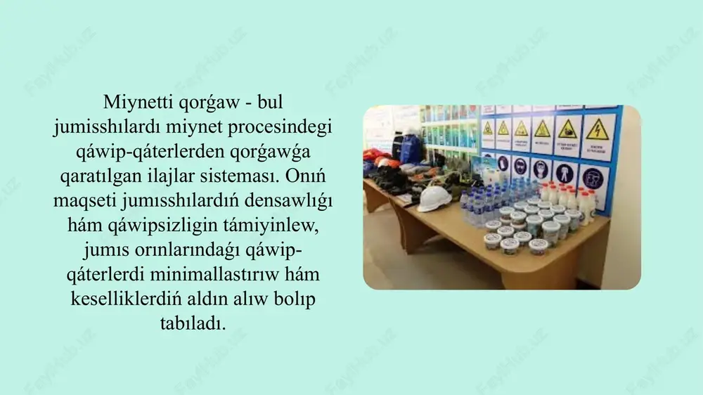 r etiledi islenedi”. 20 -bap. miynetti qorǵaw 1-§. ulıwma qaǵıydalar 351-statya.miynetti qorǵaw túsinigi.miynetti qorǵaw miynet processinde insannıń qawipsizligin, turmısı hám den sawlıǵın, jumıs qábileti saqlanıwın támiyinlewge tiyisli huqıqıy, sociallıq-ekonomikalıq, shólkemlestirilgen, texnikalıq, sanitariya -gigiena, emlew-profilaktika, reabilitatsiya ilajları hám quralları sisteması bolıp tabıladı. 352-statya. miynetti qorǵawǵa tiyisli talaplar jumıs beretuǵınlar qawipsizlik hám gigiena talaplarına juwap beretuǵın miynet sharayatların támiyinlewi shárt.miynetti qorǵawǵa tiyisli talaplar miynet iskerligi processinde xızmetkerdiń turmısı hám sawlıgın saqlawǵa qaratılǵan qaǵıydalardı, tártip-dástúrlerdi hám kriteryalardı belgileydi. miynetti qorǵawǵa tiyisli talaplardı hám miynetti qorǵaw qaǵıydaların óz ishine alǵan nızamosti hújjetlerin islep shıǵıw, tastıyıqlaw hám ózgertiw tártibi social -miynet máseleleri boyınsha respublika úsh tárepleme komissiyasınıń usınısları inabatqa alınǵan halda ózbekstan respublikası ministrler kabineti tárepinen belgilenedi. 353-statya. miynetti qorǵawǵa tiyisli ilajlar ushın jumıs beretuǵın tárepinen ajratılatuǵın aqshalar hám materiallar.miynetti qorǵawǵa tiyisli ilajlardı ótkeriw ushın jumıs beretuǵın miynetti qorǵaw fondın shólkemlestiriwge haqılı.xızmetkerler miynetti qorǵawǵa tiyisli ilajlar ótkeriliwi qatnası menen shıǵındar bolmaydı.miynet toparları, kásiplik awqamı komitetleri …