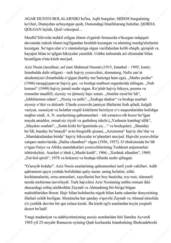 ning o'g'li" deb nomlangan bolalar kitobidir. ta’lim tizimi haqida turli maqolalar ham yozgan gulten dayiog’lu, kitoblardan tashqari ko’plab radio va televideniye dramalari ham yozgan. yozuvchining kitoblari orasida eng mashhur asarlari gulten dayiog'lu - "fadish", "sakkizinchi rang", "to'rt aka" va "mo'nun gizemi" fantastik yoshlik romanlari turkumidir. u to‘qqiz yoshdan o‘n ikki yoshgacha bo‘lgan davrda qishloq, shahar va shahar hayoti, dunyo, koinot va insoniyat haqida hikoya qiluvchi real, surreal va ilmiy-fantastik romanlar yozgan, umuminsoniy va milliy do‘stlik, tinchlik va birodarlik tushunchalari bilan to‘qilgan. asarlari: fadi̇ş 1971, ular to'rt aka-uka edi, men vatanni sog'indim, agar dunyo bolalarniki bo'lsa, aqlli burgalar, midos burgutining ko'zlari, dunaydan uchayotgan qush, osmondagi binafsharang bulutlar, qorda qolgan laylak, qizil velosiped… muallif silivrida tashkil etilgan itlarni o'rgatish fermasida o'tkazgan tadqiqoti davomida izdosh itlarni tug'ilgandan boshlab kuzatgan va ularning mashg'ulotlarini kuzatgan. so‘ngra ular o‘z zimmalariga olgan vazifalardan kelib chiqib, qiziqish va hayajon bilan to‘qilgan hikoyalar yaratildi. ushbu turkumda asl chizmalar bilan …