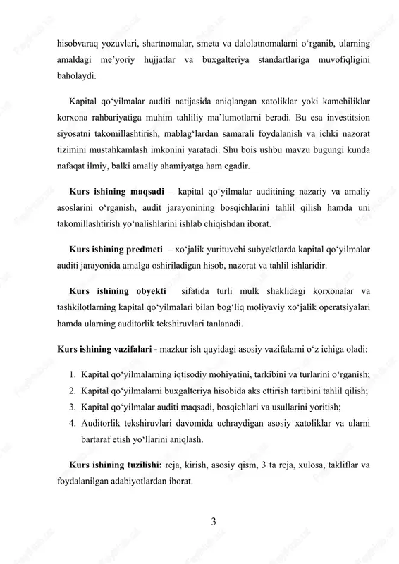 i davomida uchraydigan asosiy xatoliklar va ularni bartaraf etish yo‘llarini aniqlash. kurs ishining tuzilishi: reja, kirish, asosiy qism, 3 ta reja, xulosa, takliflar va foydalanilgan adabiyotlardan iborat. ii. asosiy qism 1. kapital qo‘yilmalar mohiyati va ularning iqtisodiy ahamiyati bozor iqtisodiyoti sharoitida korxonaning barqaror faoliyat yuritishi, raqobatbardoshligini oshirishi va ishlab chiqarish hajmini kengaytirishida kapital qo‘yilmalar muhim ahamiyat kasb etadi. kapital qo‘yilmalar deganda korxona yoki tashkilot tomonidan asosiy vositalarni yaratish, yangilash, modernizatsiya qilish, qayta tiklash yoki ishlab chiqarish quvvatlarini kengaytirishga qaratilgan uzoq muddatli investitsion xarajatlar tushuniladi. kapital qo‘yilmalar iqtisodiyotning investitsion faoliyatini ifodalovchi asosiy ko‘rsatkichlardan biri hisoblanadi. chunki ular ishlab chiqarish jarayonining texnik darajasini, mehnat unumdorligini va mahsulot sifatini belgilab beradi. har qanday xo‘jalik subyekti yangi texnologiyalarni joriy etish, ishlab chiqarish inshootlarini qurish yoki mavjud asosiy vositalarni yangilash orqali o‘z faoliyatining samaradorligini oshirishga intiladi. bunday jarayonlar aynan kapital qo‘yilmalar orqali amalga oshiriladi. kapital qo‘yilmalarning iqtisodiy mohiyati shundan iboratki, ular hozirgi kundagi xarajatlar hisobiga …