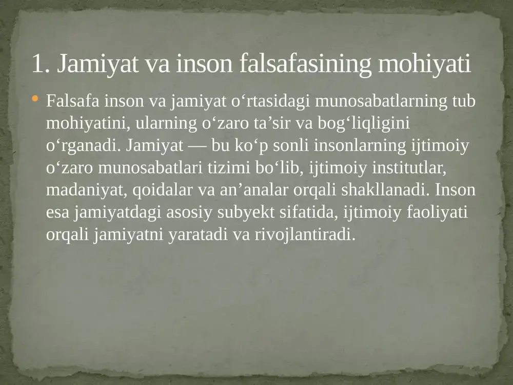 hayot ma’nosi va axloqiy tanlovlar erkinlik va taqdir inson erkinligi erkin iroda va taqdir masalalari bilan bog‘liq. faylasuflar, masalan, spinoza, erkinlikni tabiat qonunlariga bo‘ysunmaslik sifatida emas, balki o‘zining tabiiy holatini anglash va unga moslash deb tushuntiradi. kant esa erkinlikni axloqiy qonunlarga amal qilish qobiliyati sifatida ko‘radi. hayot ma’nosi va maqsadi hayotning ma’nosi falsafaning eng murakkab savollaridan biridir. viktor franklning “ma’noga qaratilgan terapiya” g‘oyasi, inson hayot ma’nosini topishi uchun qiyinchiliklarga duch kelishi kerakligini ta’kidlaydi. egizbek kabi faylasuflar hayot ma’nosini ijtimoiy faoliyat va ma’naviy yuksalish bilan bog‘laydi. axloqiy tanlov va mas’uliyat inson har bir qarorida axloqiy javobgarlikka ega. kantning kategorik imperativi shaxsni harakatlarini umumlashgan axloqiy qonunga muvofiq bajarishga chaqiradi. bu esa shaxs va jamiyat o‘rtasidagi axloqiy ziddiyatlarni hal qilishga yordam beradi. shaxs va jamiyat o‘rtasidagi ziddiyat inson va jamiyat manfaatlari ko‘pincha ziddiyatda bo‘ladi. masalan, shaxsiy erkinlik va ijtimoiy tartib o‘rtasida muvozanatni topish falsafaning doimiy mavzusidir. milliy va individual manfaatlar o‘rtasidagi ziddiyat ham …