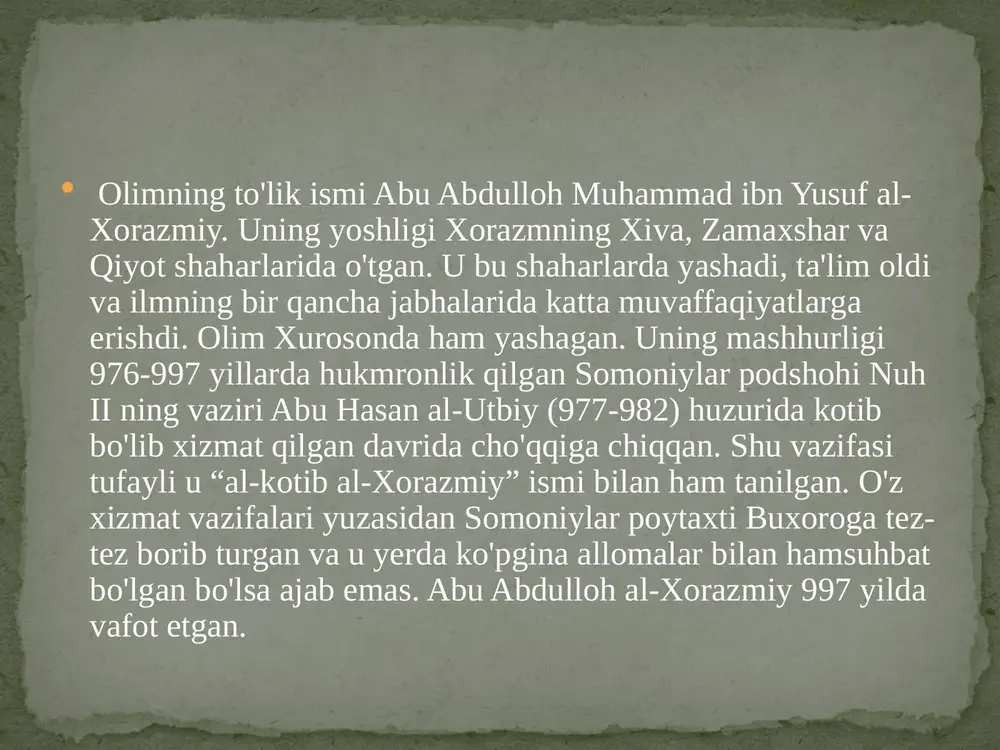llar) ijodiy faoliyati bag'doddagi ilmiy markaz (akademiya) bilan bog'liq bo'iib, hozirgi kunda uning 8 asari bizga ma'lum fanga abadiy kirdi. buyuk faylasuf, qomusiy olim abu nasr ai-farobiy (873-950-yillar) sirdaryoqirg'og'idagi farob degan joyda tug'ilib, farob, toshkent, buxoro va samar-qandda o'qidi. keyinroq bag'dod va damashqda yashab o'z ma'lumotini oshirib, umrim ilmga baxshida etdi. u fanning barcha sohalarini qamragan 160 dan ortiq asarlar yozgan va ayrim ma'lumotlarga ko'ra 70 dan ortiq tilni bilgan. al-xorazmiy al-farobiy barcha ilmlar rivojiga katta hissa qo'sh-ganligi, xususan, yunon falsafasini sharhlab, dunyoga tanishtirganligi iichun sharq mamlakatlarida "ikkinchi aristotei" deb ulug'langan. o'rta asrning buyuk qomusiy olimi abu rayhon beruniy (973-1048-yillar) xorazmning qadimgi poytaxti kot shahrida tug'ildi. uning ilmiy merosi turli fan sohalariga doir 150 dan ortiq asardan iborat bo'hb, ulardan faqat 30 tasi bizgacha yetib keigan. beruniy fanning turli sohalarida yangi fikrlar va kashfiyotlarni olg'a suradiki, bu kashfiyotlar o'rta asr sharqida uzoq vaqtgacha fan taraqqiyotini belgilab berganligidan g'oyat katta ahamiyatga …