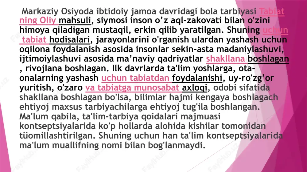 ular tarbiyasini samarali amalga oshirish ehtiyojidan kelib chiqadi. bu ehtiyoj tarbiya borasida orttirilgan tajribalar to’plangandan keyin o’sha tajribalarni umumlashtirish, yoshlar tarbiyasi haqida qonun – qoidalarni ishlab chiqish zaruratini taqozo etadi. avvalo pedagogikaning nazariy kurtaklari falsafa negizida paydo bo’ladi. ta’lim-tarbiya masalalari hamisha mutafakkir, yozuvchi, olimlar xayolini band qilib kelgan. ular o’zlarini bola tarbiyasi, ularni barkamol inson qilib tarbiyalash haqidagi yorqin mulohazalari bilan pedagogik fikrlar ravnaqiga ulush qo’shganlar. masalan: nizomulmulkning >, nosir xisravning >, ahmad yugnakiyning >, alisher navoiyning >, yusuf xos hojibning > asarlari bevosita odob, axloqqa daxldordir. mirzo ulug’bekning pedagogik g’oyalari va ma’rifatparvarlik xizmatlari movarounnahr va xurosonning boy va seiqirra madaniyati va islom dunyosining ma’naviy an’analariga suyangan hamda o’z davrining madaniy tajribalaridan to’la foydalanib, uni o’zlashtirgan ulug’bek mamlakatning ravnaqi, ayniqsa uning ma’naviy kamolotida ilm-fanning va san’atning naqadar muhimligini yaxshi tushunardi. ulug’bek mamlakatning siyosiy va iqtisodiy hayotini boshqarish bilan bir qatorda, ilmiy ishlar bilan shug’ullanadi, olimlarning munozaralarida faol qatnashadi. manbalardan keltirilgan …