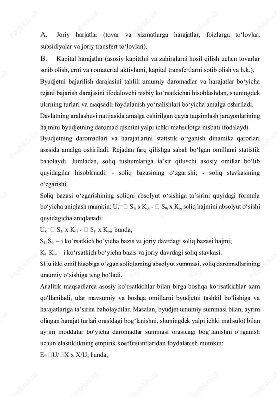 milining o‘sishi; u – «u» yakuniy ko‘rsatkichning o‘sishi. 2. bank statistikasining asosiy ko‘rsatkichlari. bank tizimi (markaziy, tijorat va jamg‘arma) mamlakatning moliyakredit faoliyatida etakchi o‘rinda turadi. banklar faoliyatini ifodalvchi ko‘rsatkichlar tizimi, ularning faoliyati ishonchligini va samaradorligini baholashi lozim. ko‘rsatkichlarning birinchi guruhi statistik mutloq ko‘rsatkichlardan iborat bo‘lib, ularga quyidagilar kiradi: a) bank aktivlari va resurslari; b) bank depozitlari; v) bank kreditlari; g) kapital yoki ustav fondi; d) foyda. bular xaqida ma’lumot manbai bo‘lib, matbuotda e’lon qilinadigan banklar balansi hisoblanadi. lekin chuqur tahlil uchun bu ko‘rsatkichlar etarli emas, chunki bunday balanslarda kredit resurslari va ulardan foydalanish muddatlari ko‘rsatilmaydi. bank aktivlari foydalanilgan kredit resurslari (qo‘yilmalar) bo‘lib, ular balansning jami (valyutasi)ga teng. bank resurslari bular bank ixtiyoridagi mablag‘lar hajmi bo‘lib, ular kreditlash va boshqa faol operatsiyalar o‘tkazishda foydalaniladi, ular balansning jami (valyutasi)ga teng. bank resurslarini ikki guruhga ajratish mumkin: 1) xususiy mablag‘lar. bankning xususiy kapitaliga aktsioner va rezerv kapitali kiradi, bank aktsiyalarini qimmatli qog‘ozlar bozorida …