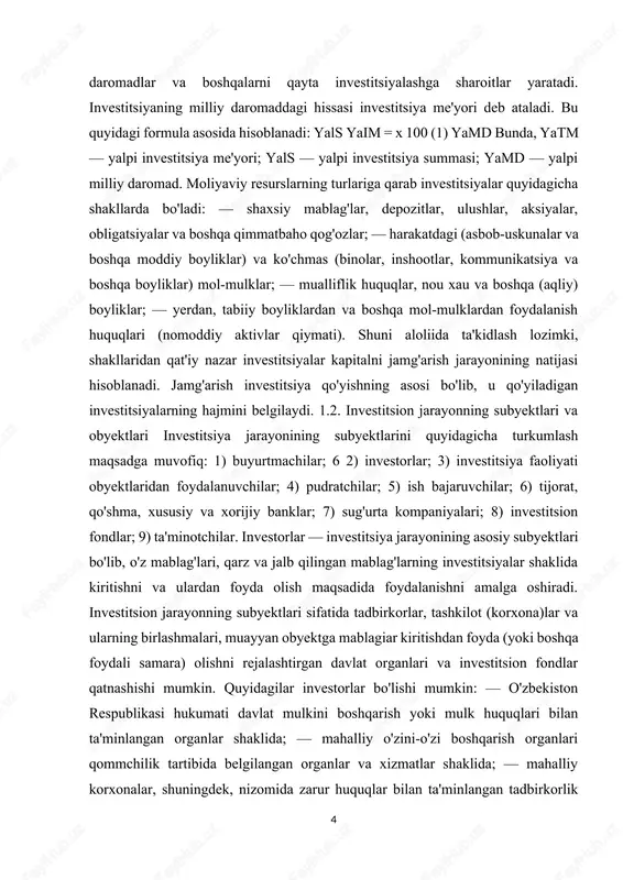 8) investitsion fondlar; 9) ta'minotchilar. investorlar — investitsiya jarayonining asosiy subyektlari bo'lib, o'z mablag'lari, qarz va jalb qilingan mablag'larning investitsiyalar shaklida kiritishni va ulardan foyda olish maqsadida foydalanishni amalga oshiradi. investitsion jarayonning subyektlari sifatida tadbirkorlar, tashkilot (korxona)lar va ularning birlashmalari, muayyan obyektga mablagiar kiritishdan foyda (yoki boshqa foydali samara) olishni rejalashtirgan davlat organlari va investitsion fondlar qatnashishi mumkin. quyidagilar investorlar bo'lishi mumkin: — o'zbekiston respublikasi hukumati davlat mulkini boshqarish yoki mulk huquqlari bilan ta'minlangan organlar shaklida; — mahalliy o'zini-o'zi boshqarish organlari qommchilik tartibida belgilangan organlar va xizmatlar shaklida; — mahalliy korxonalar, shuningdek, nizomida zarur huquqlar bilan ta'minlangan tadbirkorlik birlashmalari, tashkilotlar va boshqa yuridik shaxslar; — xorijiy mamlakatlar bilan tashkil qilingan qo'shma korxonalar, tashkilotlar va boshqa yuridik shaxslar; — milliy va xorijiy kredit tashkilotlari; — xorijiy yuridik shaxslar; — xorijiy davlatlar ularning hukumatlari tomonidan vakil qilingan organlar shaklida; — xalqaro tashkilotlar. jamg'arilgan resurslar investitsion obyektlariga qarab real, moliyaviy va intellektual investitsiyalarga …