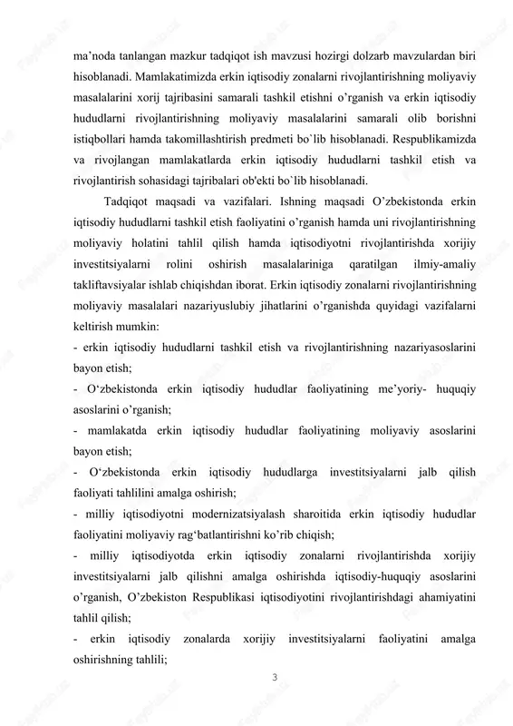 ududlarga investitsiyalarni jalb qilish faoliyati tahlilini amalga oshirish; - milliy iqtisodiyotni modernizatsiyalash sharoitida erkin iqtisodiy hududlar faoliyatini moliyaviy rag‘batlantirishni ko’rib chiqish; - milliy iqtisodiyotda erkin iqtisodiy zonalarni rivojlantirishda xorijiy investitsiyalarni jalb qilishni amalga oshirishda iqtisodiy-huquqiy asoslarini o’rganish, o’zbekiston respublikasi iqtisodiyotini rivojlantirishdagi ahamiyatini tahlil qilish; - erkin iqtisodiy zonalarda xorijiy investitsiyalarni faoliyatini amalga oshirishning tahlili; - mamlakatimizda erkin iqtisodiy zonalarni rivojlantirishning moliyaviy masalalarini takomillashtirishning xorij tajribasini o’rganishni yoritishdan iborat. erkin iqtisodiy zonalarni rivojlantirishning moliyaviy masalalari nazariy-uslubiy jihatlarini o’rganishda quyidagi ilmiy yangiliklarni keltirish mumkin: - erkin iqtisodiy hududlarni tashkil etish va rivojlantirishning nazariyasoslarini bo`yicha ta’rifi berildi; - erkin iqtisodiy hududlar faoliyatining me’yoriy- huquqiy asoslari bo`yicha taklif va tavsiyalar ishlab chiqildi; - mamlakatda erkin iqtisodiy hududlar faoliyatining moliyaviy asoslarini oshirishning ustuvor yo’nalishlari belgilab berildi; - erkin iqtisodiy hududlarga investitsiyalarni jalb qilish faoliyati tahlili bo`yicha taklif va tavsiyalar ishlab chiqildi; - milliy iqtisodiyotda erkin iqtisodiy zonalarni rivojlantirishda xorijiy investitsiyalarni jalb qilishni amalga oshirishda taklif …