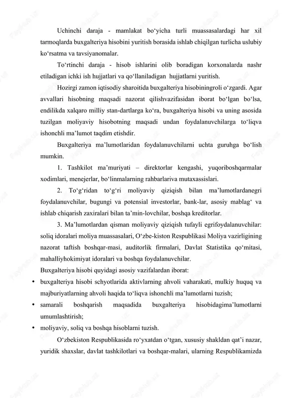 da aktivlarning ahvoli vaharakati, mulkiy huquq va majburiyatlarning ahvoli haqida to‘liqva ishonchli ma’lumotlarni tuzish; · samarali boshqarish maqsadida buxgalteriya hisobidagima’lumotlarni umumlashtirish; · moliyaviy, soliq va boshqa hisoblarni tuzish. o‘zbekiston respublikasida ro‘yxatdan o‘tgan, xususiy shakldan qat’i nazar, yuridik shaxslar, davlat tashkilotlari va boshqar-malari, ularning respublikamizda va undan tashqarida joylash-gan tarmoq korxonalari, filiallari va boshqa shu’ba bo‘linmalaribuxgalteriya hisobining subyektlari bo‘la oladi. buxgalteriya hisobining obyektlari asosiy va joriy aktiv,majburiyat, xususiy kapital, zaxiralar, daromad va xarajat(chiqim)lar, foydalar, ularning harakatlari bilan bog‘liq xo‘jalikoperatsiyalari bo‘ladi. hisob siyosati deganda xo‘jalik subyektlari rahbarlarining buxgalteriya hisobini yuritish va moliyaviy hisobotlarni tuzish uchun qo‘llagan usullarning yig‘indisi tushuniladi. tashkilotning hisob siyosati buxgalteriya hisobining quyidagiasosiy tamoyillariga mos kelishi lozim: - uzluksiz; - xo‘jalik operatsiyalari, aktiv va passivlarning pullik bahosi; -ishonchlilik; xqo‘shib yozish usullari; -ko‘rsatkichlarni solishtirish (taqqoslash);xmoliyaviy hisobotning xolisligi; -hisobot davri tushum va chiqimlarining mos kelishi; - mulkiy ajratilganlik; - aktiv va majburiyatlarning aniq bahosi; -formadan mazmunning ustunligi; -ratsionallik (muvofiqlik); -qarama-qarshilikning yo‘qligi; -aniqlik; …