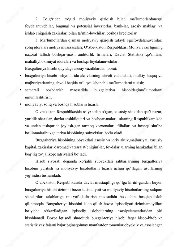zbekiston respublikasida davlat mustaqilligi qo‘lga kiritil-gandan buyon buxgalteriya hisobi tizimini bozor iqtisodiyoti va moliyaviy hisobotlarning xalqaro standartlari talablariga mu-vofiqlashtirish maqsadida bosqichma-bosqich isloh qilinmoqda. buxgalteriya hisobini isloh qilish bozor iqtisodiyoti tizimitamoyillari bo‘yicha o‘tkaziladigan iqtisodiy islohotlarning asosiyelementlaridan biri hisoblanadi. bozor iqtisodi sharoitida buxgal-teriya hisobi faqat hisob-kitob va statistik vazifalarni bajaribginaqolmay manfaatdor tomonlar obyektiv va asoslangan qaror qabulqila olishi uchun xo‘jalikni boshqaruvchi subyektning faoliyatihaqida axborot oluvchi, ularni qayta ishlab beruvchi sohagaaylanadi. buxgalteriya hisobi tizimini huquqiy boshqarish – muomalada qatnashuvchilarning buxgalteriya hisobi sohasida qonunchilik me’yorlarida ko‘zda tutilgan huquq va majburiyatlari bo‘libtalab majburiyat, ruxsat etilgan huquq tarzidagi boshqaruv for-masidir. tashkilotning hisob siyosati buxgalteriya hisobining quyidagiasosiy tamoyillariga mos kelishi lozim: - uzluksiz; - xo‘jalik operatsiyalari, aktiv va passivlarning pullik bahosi; -ishonchlilik; xqo‘shib yozish usullari; -ko‘rsatkichlarni solishtirish (taqqoslash);xmoliyaviy hisobotning xolisligi; -hisobot davri tushum va chiqimlarining mos kelishi; - mulkiy ajratilganlik; - aktiv va majburiyatlarning aniq bahosi; -formadan mazmunning ustunligi; -ratsionallik (muvofiqlik); -qarama-qarshilikning yo‘qligi; -aniqlik; -ma’nodorlik; -jiddiylik; -haqqoniylik …