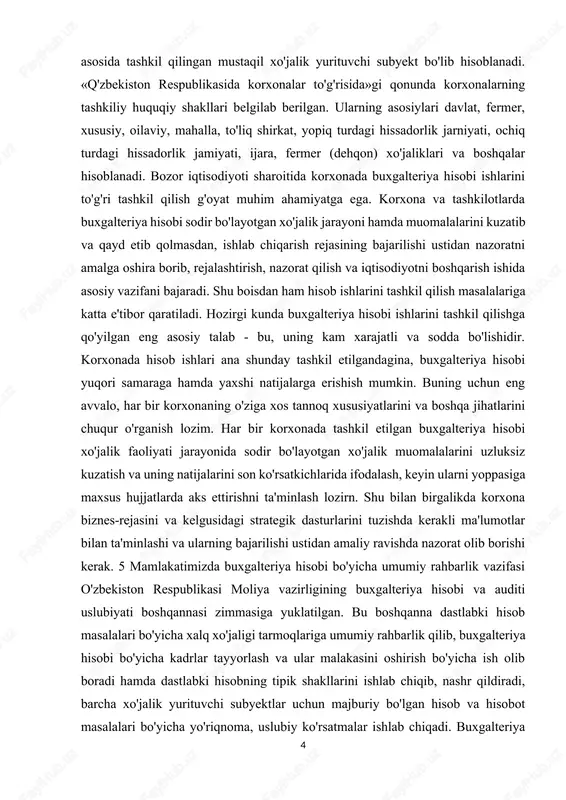 ini va boshqa jihatlarini chuqur o'rganish lozim. har bir korxonada tashkil etilgan buxgalteriya hisobi xo'jalik faoliyati jarayonida sodir bo'layotgan xo'jalik muomalalarini uzluksiz kuzatish va uning natijalarini son ko'rsatkichlarida ifodalash, keyin ularni yoppasiga maxsus hujjatlarda aks ettirishni ta'minlash lozirn. shu bilan birgalikda korxona biznes-rejasini va kelgusidagi strategik dasturlarini tuzishda kerakli ma'lumotlar bilan ta'minlashi va ularning bajarilishi ustidan amaliy ravishda nazorat olib borishi kerak. 5 mamlakatimizda buxgalteriya hisobi bo'yicha umumiy rahbarlik vazifasi o'zbekiston respublikasi moliya vazirligining buxgalteriya hisobi va auditi uslubiyati boshqannasi zimmasiga yuklatilgan. bu boshqanna dastlabki hisob masalalari bo'yicha xalq xo'jaligi tarmoqlariga umumiy rahbarlik qilib, buxgalteriya hisobi bo'yicha kadrlar tayyorlash va ular malakasini oshirish bo'yicha ish olib boradi hamda dastlabki hisobning tipik shakllarini ishlab chiqib, nashr qildiradi, barcha xo'jalik yurituvchi subyektlar uchun majburiy bo'lgan hisob va hisobot masalalari bo'yicha yo'riqnoma, uslubiy ko'rsatmalar ishlab chiqadi. buxgalteriya hisobini to'g'ri tashkil qilish bo'yicha metodologik rahbarlik ham moliya vazirligining buxgalteriya hisobi va auditi uslubiyati boshqannasi …