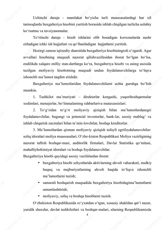 hisobi schyotlarida aktivlarning ahvoli vaharakati, mulkiy huquq va majburiyatlarning ahvoli haqida to‘liqva ishonchli ma’lumotlarni tuzish; · samarali boshqarish maqsadida buxgalteriya hisobidagima’lumotlarni umumlashtirish; · moliyaviy, soliq va boshqa hisoblarni tuzish. o‘zbekiston respublikasida ro‘yxatdan o‘tgan, xususiy shakldan qat’i nazar, yuridik shaxslar, davlat tashkilotlari va boshqar-malari, ularning respublikamizda va undan tashqarida joylash-gan tarmoq korxonalari, filiallari va boshqa shu’ba bo‘linmalaribuxgalteriya hisobining subyektlari bo‘la oladi. buxgalteriya hisobining obyektlari asosiy va joriy aktiv,majburiyat, xususiy kapital, zaxiralar, daromad va xarajat(chiqim)lar, foydalar, ularning harakatlari bilan bog‘liq xo‘jalikoperatsiyalari bo‘ladi. hisob siyosati deganda xo‘jalik subyektlari rahbarlarining buxgalteriya hisobini yuritish va moliyaviy hisobotlarni tuzish uchun qo‘llagan usullarning yig‘indisi tushuniladi. tashkilotning hisob siyosati buxgalteriya hisobining quyidagiasosiy tamoyillariga mos kelishi lozim: - uzluksiz; - xo‘jalik operatsiyalari, aktiv va passivlarning pullik bahosi; -ishonchlilik; xqo‘shib yozish usullari; -ko‘rsatkichlarni solishtirish (taqqoslash);xmoliyaviy hisobotning xolisligi; -hisobot davri tushum va chiqimlarining mos kelishi; - mulkiy ajratilganlik; - aktiv va majburiyatlarning aniq bahosi; -formadan mazmunning ustunligi; -ratsionallik (muvofiqlik); -qarama-qarshilikning yo‘qligi; …