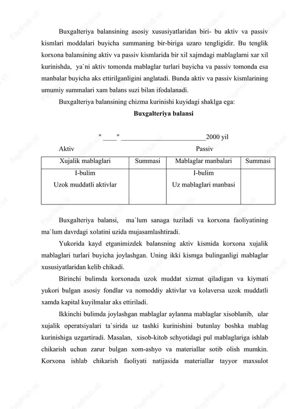 da materiallar tayyor maxsulot kurinishini oladi. kolaversa, tayyor maxsulotni sotish orkali korxonaga yana pul mablaglari kirib keladi. shunday qilib, balansning aktiv kismi juda anik va ularning tarkibi xech kanday noanikliklar tugdirmaydi. lekin balansning passiv kismi biroz murakkab tuzilgan bulib, ba`zi moddalar mohiyatini anglash unchalik oson kechmaydi. balansning passiv kismi moddalari mohiyatini anik bilish uchun ularning nima maksadga muljallanganligini bilish zarur. passiv ikki bulimdan iborat bulib, birinchi korxonaga tegishli bulgan, ya`ni korxona uz xisobidan tashqil qilingan mablaglar manbasi kursatilgan. ulardan asosiysi-bu ustav kapitalidir. uning mikdori korxona mulki summasiga tengdir. uzlik mablaglar manbasidan yana biri bu-taksimlanmagan foyda moddasidir. passivning ikkinchi bulimida korxonaga vaktinchalik jalb qilingan karz mablaglari xamda majburiyatlar aks ettiriladi. masalan, "mol yetkazib beruvchilar bilan xisob-kitoblar" moddasida korxonaning sotib olgan xom-ashyo va materiallari; "budjetdan tashkari va ijtimoiy sugurta fondlari bilan xisob-kitoblar" moddasida esa, korxona ishchilariga xisoblangan oylik maoshlarga nisbatan utkaziladigan ajratmalar buyicha karzlar kursatiladi. "budjet bilan xisob-kitoblar" schyotida esa korxonada davlat …