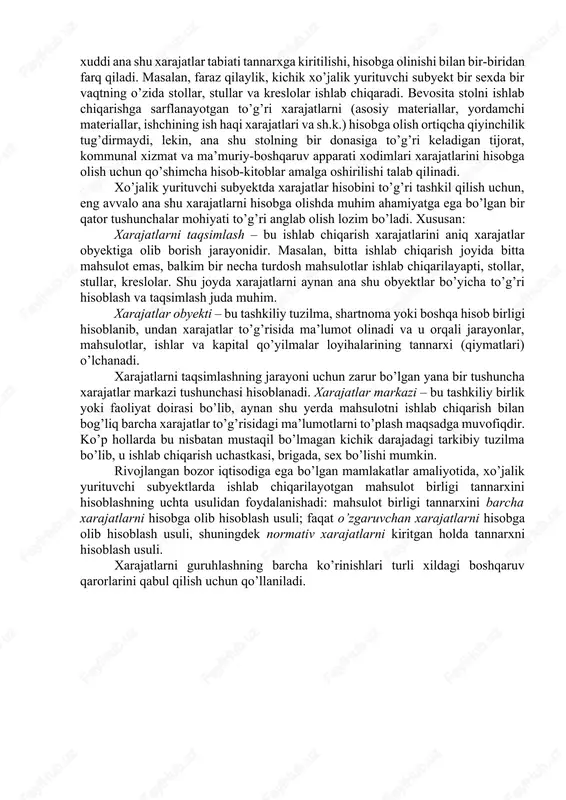 hi subyektda xarajatlar hisobini to’g’ri tashkil qilish uchun, eng avvalo ana shu xarajatlarni hisobga olishda muhim ahamiyatga ega bo’lgan bir qator tushunchalar mohiyati to’g’ri anglab olish lozim bo’ladi. xususan: xarajatlarni taqsimlash – bu ishlab chiqarish xarajatlarini aniq xarajatlar obyektiga olib borish jarayonidir. masalan, bitta ishlab chiqarish joyida bitta mahsulot emas, balkim bir necha turdosh mahsulotlar ishlab chiqarilayapti, stollar, stullar, kreslolar. shu joyda xarajatlarni aynan ana shu obyektlar bo’yicha to’g’ri hisoblash va taqsimlash juda muhim. xarajatlar obyekti – bu tashkiliy tuzilma, shartnoma yoki boshqa hisob birligi hisoblanib, undan xarajatlar to’g’risida ma’lumot olinadi va u orqali jarayonlar, mahsulotlar, ishlar va kapital qo’yilmalar loyihalarining tannarxi (qiymatlari) o’lchanadi. xarajatlarni taqsimlashning jarayoni uchun zarur bo’lgan yana bir tushuncha xarajatlar markazi tushunchasi hisoblanadi. xarajatlar markazi – bu tashkiliy birlik yoki faoliyat doirasi bo’lib, aynan shu yerda mahsulotni ishlab chiqarish bilan bog’liq barcha xarajatlar to’g’risidagi ma’lumotlarni to’plash maqsadga muvofiqdir. ko’p hollarda bu nisbatan mustaqil bo’lmagan kichik darajadagi …