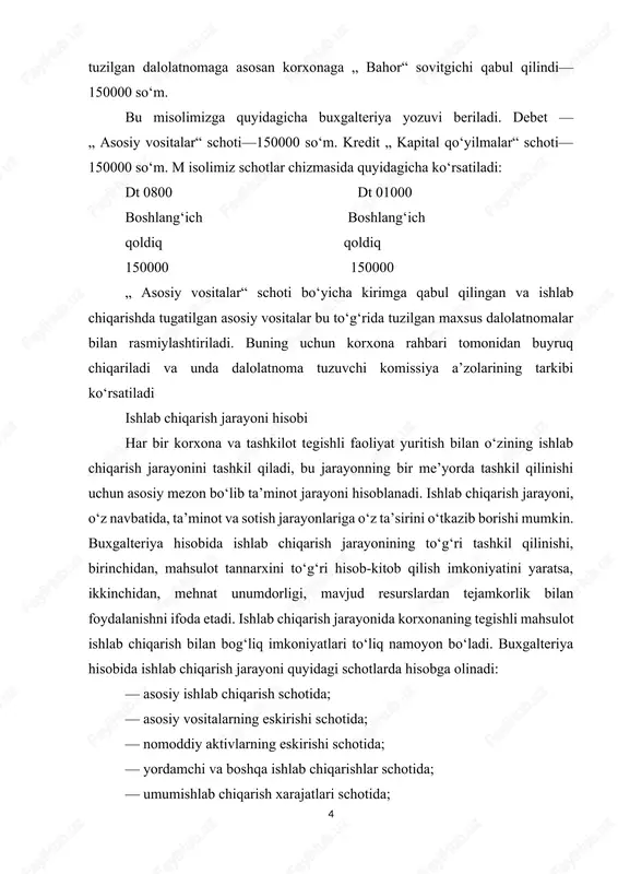 g tegishli mahsulot ishlab chiqarish bilan bog‘liq imkoniyatlari to‘liq namoyon bo‘ladi. buxgalteriya hisobida ishlab chiqarish jarayoni quyidagi schotlarda hisobga olinadi: — asosiy ishlab chiqarish schotida; — asosiy vositalarning eskirishi schotida; — nomoddiy aktivlarning eskirishi schotida; — yordamchi va boshqa ishlab chiqarishlar schotida; — umumishlab chiqarish xarajatlari schotida; — tayyor mahsulot schotida. „asosiy ishlab chiqarish“ schoti. schot aktiv hisoblanib, uning uslubiyatida asosiy ishlab chiqarishga chiqarilgan xomashyo va materiallar summasi ko‘rsatilsa, kredit tomonida asosiy ishlab chiqarishdan olingan tayyor mahsulotlar summasi ko‘rsatiladi. bu schotning o‘ziga xos xususiyati shundaki, mahsulot ishlab chiqarish bilan bog‘liq barcha xarajatlar oy oxirida shu schotga o‘tkaziladi. „ asosiy ishlab chiqarish“ schotida mahsulotning tannarxi aniqlanadi. demak, „ asosiy ishlab chiqarish“ schoti tannarx aniqlovchi schot hisoblanadi. „ asosiy ishlab chiqarish“ schoti yordamida tayyorlangan tayyor mahsulot hisob-kitob qilinadi va tannarxi ko‘rsatiladi. agar korxonada bir nechta xildagi mahsulot tayyorlansa, har bir turi bo‘yicha alohida-alohida analitik ko‘rsatkichlar yuritiladi. „asosiy ishlab chiqarish“ schoti bo‘yicha xo‘jalik …