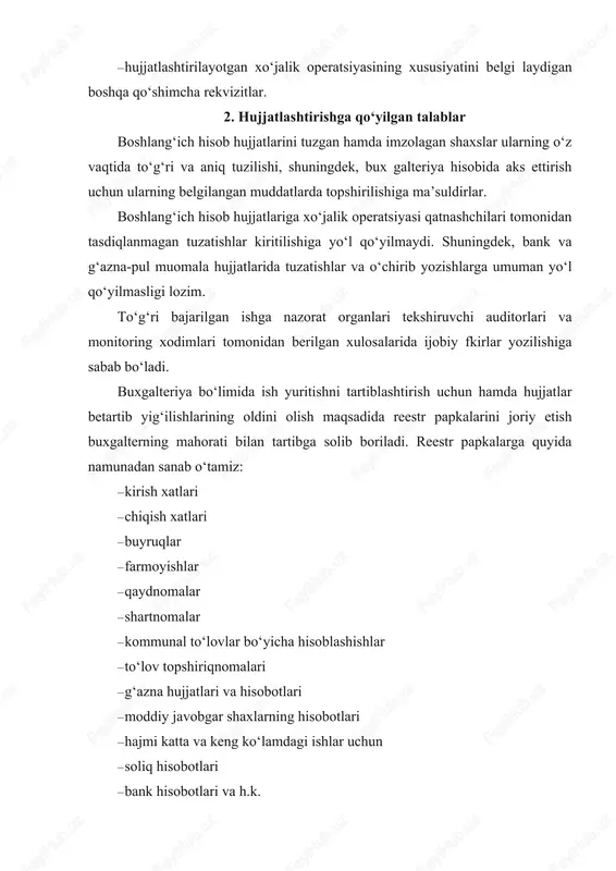 soliq hisobotlari · bank hisobotlari va h.k. yuqoridagilar bo‘yicha tuman arxiv bo‘limi bilan qilingan ishlar ni tasdiqlatib, nomenklatura hujjat shakliga keltirib shakllantirib qo‘yish shart. chunki budjet tashkilotlarida buxgalteriya hujjatlari nazorat organlari tomonidan, monitoring xodimlari tomonidan tekshirishdan o‘tgandan keyin buxgalteriya hujjatlari 1 yilgina o‘zida saqlanadi. qolgan davrlar uchun barcha hujjatlar belgilangan tartibda arxivga topshiriladi. 3. buxgalteriya hisobi hisobvaraqlari to‘g‘risida tushuncha budjet tashkilotlarida buxgalteriya hisobini yuritish tartibi 2010yil 17-dekabrdagi o‘zbekiston respublikasi moliya vazirining 105-son buyrug‘i hamda 2010-yil 22-dekabrdagi o‘zbekiston respublikasi adliya vazirligida ro‘yxatga olingan 2169-sonli xatlari bilan ishlab chiqilgan yo‘riqnoma asosida tartibga solinadi. mazkur me’yoriy hujjat talablaridan kelib chiqib barcha budjet tashkilotlari 2011-yilning 1-yanvaridan boshlab, buxgalteriya hisobi va hisobotlarini tuzish hamda taqdim qilish yangi hisobvaraqlar rejasi asosida ishlashni tashkil qiladi. yuqoridagi me’yoriy hujjatni ishlab chiqilishi bilan bir qatorda moliya vazirligi tomonidan buxgalteriya hisob siyosatida yangi yana bir qator hujjatlarni ishlab chiqilib, amaliyotda qo‘llanilmoqda: · yangi va amalda bo‘lgan hisobvaraqlar rejasi bo‘yicha o‘zaro …