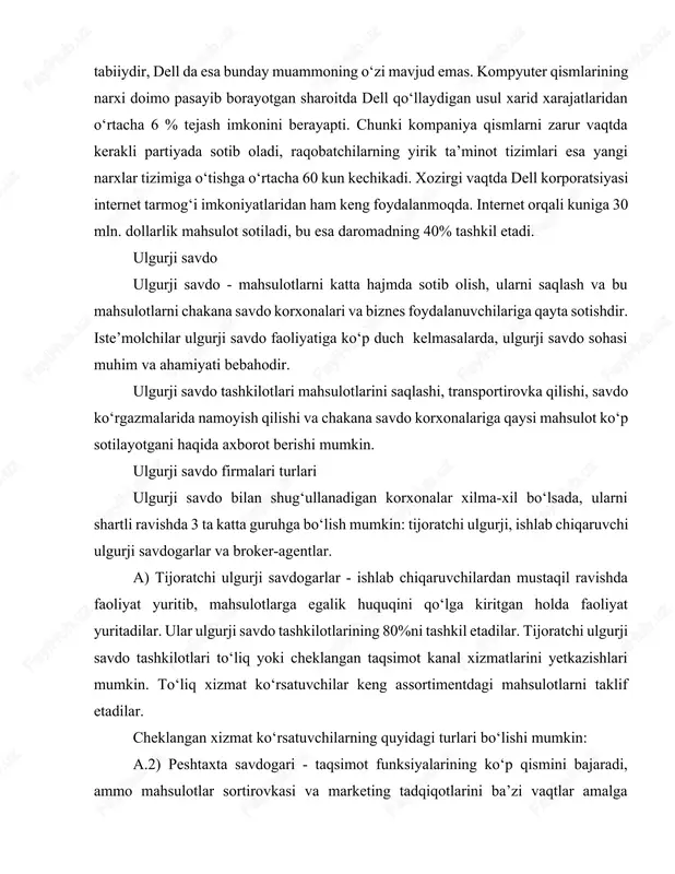 atuvchilar keng assortimentdagi mahsulotlarni taklif etadilar. cheklangan xizmat ko‘rsatuvchilarning quyidagi turlari bo‘lishi mumkin: a.2) peshtaxta savdogari - taqsimot funksiyalarining ko‘p qismini bajaradi, ammo mahsulotlar sortirovkasi va marketing tadqiqotlarini ba’zi vaqtlar amalga oshiradi. ular mahsulotlarni peshtaxtada namoyish etgani uchun shunday nomga ega bo‘lgan. ular asosan jurnallar, uy jihozlari, kosmetika va dori-darmon yetkazib berish bilan shug‘ullanadi. a.3) "naqd pul - olib ket" (cash & carry) savdogari cheklangan assortimentdagi mahsulotlarni taklif etgani holda mahsulotlarni tranportirovka qilmaydigan ulgurji savdogardir. ularning mijozlari o‘zlari borishlari, naqd pulga xarid qilishlari va mahsulotlarni o‘zlari tashib ketishlari kerak. oziq-ovqat mahsulotlari, ofis-kanselyariya tovarlari, elektr mahsulotlari va kompyuterlar shunday sotiladi. a.4) "bevosita yetkazuvchi" savdogar mahsulotlarni sotib olib, egalik huquqini qo‘lga kiritsada, ammo moddiy taqsimotni, transportirovkani amalga oshirmaydi, ishlab chiqaruvchilar istemolchilarga mahsulotni to‘g‘ridan - to‘g‘ri yetgazib berishini ta’minlaydi. trasportirovkasi qimmatga tushadigan mahsulotlarni sotadilar: ko‘mir, don va yog‘och shular jumlasidan. a.5) «avtotransport» savdogari – kichik ombor va yuk mashinalari asosida ish yuritadi. tezda …