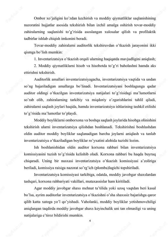 xs mehnat ta’tilida yoki uzoq vaqtdan beri kasal bo’lsa, ayrim auditorlar inventarizatsiya o’tkazishni o’sha shaxssiz bajarishga qaror qilib katta xatoga yo’l qo’yishadi. vaholanki, moddiy boyliklar yetishmovchiligi aniqlangan taqdirda moddiy javobgar shaxs keyinchalik uni tan olmasligi va uning natijalariga e’tiroz bildirishi mumkin. agar moddiy javobgar shaxs uzrli sabab bilan ishda bo’lmasa, auditor omborxonani muhrlab qo’yib, inventarizatsiya o’tkazishni u ishga tushgandan so’ng bajarishi lozim. auditor inventarizatsiya qilishni boshlashdan oldin omborchidan inventarizatsiya boshlanadigan sana uchun moddiy boyliklarning kirimi va chiqimi bo’yicha hisobot tuzib, uning bir nusxasini tashkilot buxgalteriyasiga topshirtiradi va ikkinchi nusxasini auditor o’ziga oladi. bundan tashqari, auditor moddiy javobgar shaxsdan boyliklarning kirimi va chiqimiga doir barcha hujjatlar buxgalteriyaga topshirilganligi va ularda kirim qilinmay qolgan yoki chiqimga hisobdan o’chirilmagan hech qanday moddiy boyliklar yo’qligi haqida tilxat oladi. moddiy boyliklarni sotib olish uchun hisobdorlik summasi yoki ularni olish uchun ishonchnomaga ega shaxslardan ham shu mazmunda tilxat olinadi. shundan so’ng komissiya a’zolari moddiy boyliklarni tekshirishga …