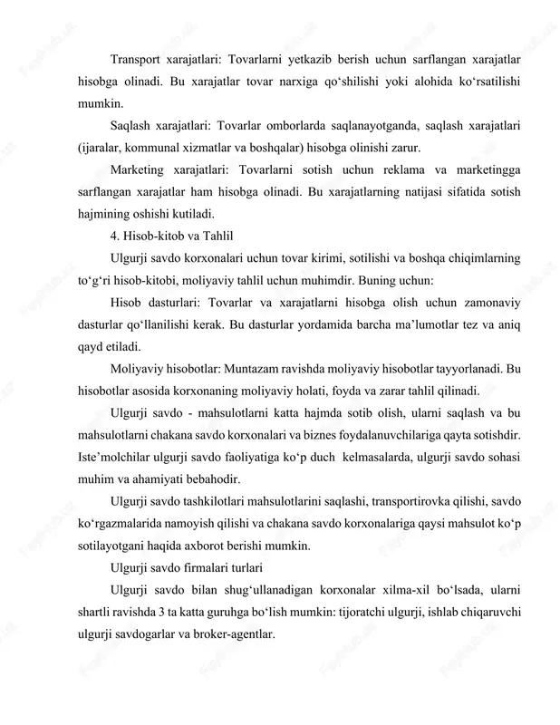 rining 80%ni tashkil etadilar. tijoratchi ulgurji savdo tashkilotlari to‘liq yoki cheklangan taqsimot kanal xizmatlarini yetkazishlari mumkin. to‘liq xizmat ko‘rsatuvchilar keng assortimentdagi mahsulotlarni taklif etadilar. cheklangan xizmat ko‘rsatuvchilarning quyidagi turlari bo‘lishi mumkin: a.2) peshtaxta savdogari - taqsimot funksiyalarining ko‘p qismini bajaradi, ammo mahsulotlar sortirovkasi va marketing tadqiqotlarini ba’zi vaqtlar amalga oshiradi. ular mahsulotlarni peshtaxtada namoyish etgani uchun shunday nomga ega bo‘lgan. ular asosan jurnallar, uy jihozlari, kosmetika va dori-darmon yetkazib berish bilan shug‘ullanadi. a.3) "naqd pul - olib ket" (cash & carry) savdogari cheklangan assortimentdagi mahsulotlarni taklif etgani holda mahsulotlarni tranportirovka qilmaydigan ulgurji savdogardir. ularning mijozlari o‘zlari borishlari, naqd pulga xarid qilishlari va mahsulotlarni o‘zlari tashib ketishlari kerak. oziq-ovqat mahsulotlari, ofis-kanselyariya tovarlari, elektr mahsulotlari va kompyuterlar shunday sotiladi. a.4) "bevosita yetkazuvchi" savdogar mahsulotlarni sotib olib, egalik huquqini qo‘lga kiritsada, ammo moddiy taqsimotni, transportirovkani amalga oshirmaydi, ishlab chiqaruvchilar istemolchilarga mahsulotni to‘g‘ridan - to‘g‘ri yetgazib berishini ta’minlaydi. trasportirovkasi qimmatga tushadigan mahsulotlarni sotadilar: ko‘mir, …