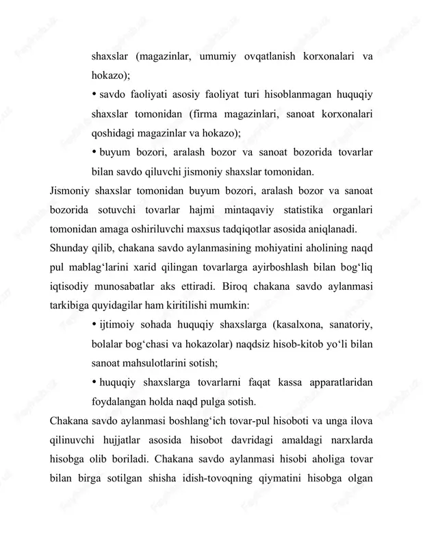 a qiymati; sotilgan bo‘sh idishlar qiymati. chakana savdo aylanmasi tarkibiga kafolat muddati davomida ishdn chiqqan tovarlar hamda barcha turdagi transport uchun talon va yo‘l chiptlari qiymati kiritilmaydi. umumiy ovqatlanish aylanmasi tarkibiga oshxona, restoran va kafe kabi umumiy ovqatlanish korxonalarida tayyorlangan va sotilgan oshxona mahsulotlari (taomlar, yarim tayyor mahsulotlar va hokazo), non va non mahsulotlari, qandolatchilik mahsulotlarini kiritish mumkin. umumiy ovqatlanish aylanmasida shuningdek, aholining buyurtmasi bo‘yicha uyga jo‘natilgan oshxona mahsulotlari va xarid qilinuvchi tovarlar ham hisobga olinadi. umumiy ovqatlanish aylanmasi tarkibiga shuningdek, tashkilot xodimlariga ish haqidan ushlab qolish sharti bilan berilgan mahsulotlar qiymati, aholining ayrim qatlamlariga (maktab o‘quvchilari, nafaqaxo‘rlar va hokazo) beriluvchi va to‘laligicha ijtimoiy ta’minot organlari tomonidan qoplanuvchi mahsulotlar qiymati, oziq-ovqatlarning amaldagi qiymati miqdorida talon va abonentlar bo‘yicha berilgan mahsulotlar qiymati ham kiritiladi. chakana savdo aylanmasi va umumiy ovqatlanish aylanmasi chakana narxlarda - qo‘shilgan qiymat solig‘i, aksiz va savdo natsenkasini o‘z ichiga oluvchi amaldagi savdo naxlarida hisobga olinadi. chakana tovar …