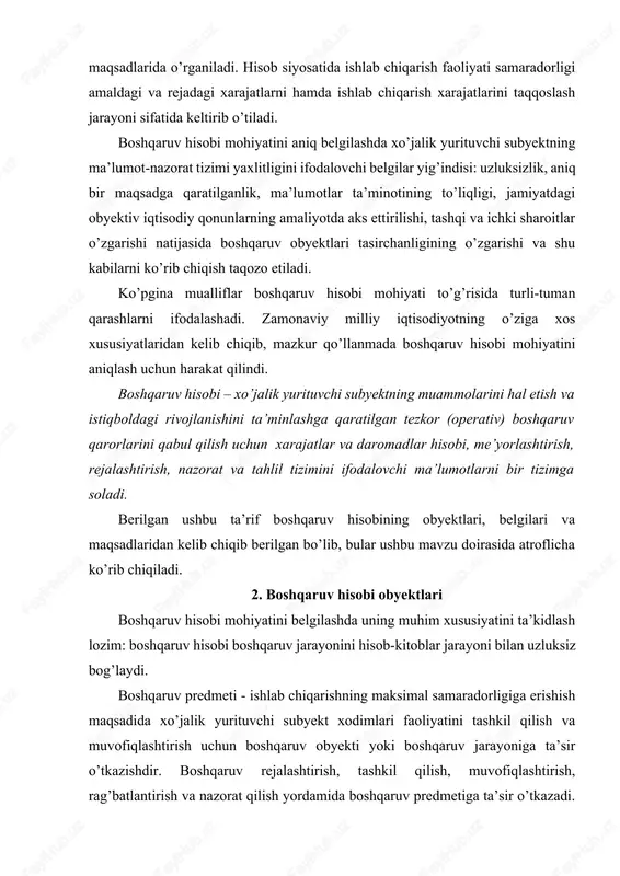 mohiyatini belgilashda uning muhim xususiyatini ta’kidlash lozim: boshqaruv hisobi boshqaruv jarayonini hisob-kitoblar jarayoni bilan uzluksiz bog’laydi. boshqaruv predmeti - ishlab chiqarishning maksimal samaradorligiga erishish maqsadida xo’jalik yurituvchi subyekt xodimlari faoliyatini tashkil qilish va muvofiqlashtirish uchun boshqaruv obyekti yoki boshqaruv jarayoniga ta’sir o’tkazishdir. boshqaruv rejalashtirish, tashkil qilish, muvofiqlashtirish, rag’batlantirish va nazorat qilish yordamida boshqaruv predmetiga ta’sir o’tkazadi. aynan shu funksiyalarni boshqaruv hisobi bajarib, u o’z tizimini yaratib, boshqaruvning maqsad va vazifalariga javob beradi. hozirgi paytgacha boshqaruv hisobi predmetining aniq ta’riflari mavjud emas. mualliflar umumiy holda buxgalteriya hisobi va xususiy holda boshqaruv hisobi mohiyati ta’riflarini ifodalash bilan chegaralanishmoqda. ta’kidlash lozimki, xo’jalik yurituvchi subyekt faoliyatini boshqarish tizim va metodlari o’zgarmoqda, shunga muvofiq tarzda boshqaruv hisobining tarkibi o’zgarmoqda. ayniqsa, bu turli tashkiliy tuzilmaga ega bo’lgan xo’jalik yurituvchi subyektlardagi o’zgaruvchan tashqi omillar (inflyatsiya, ishlab chiqarishni tarkibiy qayta qurish va sh.k.) ta’siridagi xarajatlar va daromadalar hisobini modellashtirishga tegishlidir. ana shu erda boshqaruvning obyektlari va subyektlari tarkibi …