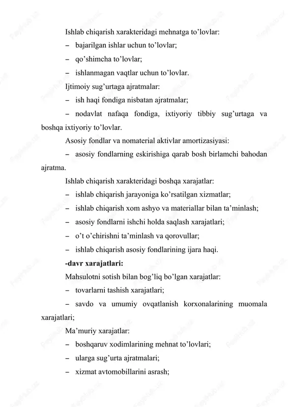 sotish bilan bog’liq bo’lgan, pul bilan ifodalangan xarajatlarning yig’indisidir. mahsulot tannarxining ma’lum darajasi juda ko’p ishlab chiqarish omillarining o’zaro ta’sir natijasidir. masalan, tannarxning pasayishiga mehnat unumdorligining oshishi, xom ashyo, elektroenergiya, yoqilg’gi materiallarning tejab tergab sarf qilinishi, asbob uskunalardan foydalanish darajasining oshirilishi, brak, bekor turishlarning kamaytirilishi va h.k. ta’sir ko’rsatadi. tannarxning pasaytirilishi bilan korxonalarning pul jamg’armalari oshadi, ishlab chiqarishni yanada kengaytirish va takomillashtirish uchun qo’shimcha mablag’ beradi, mahsulotlar chakana narxini pasaytirib bu bilan aholining turmush darajasini yuksaltirishga imkon yaratadi. mahsulot tannarxi xarajat elementlari bo’yicha klassifikasiyalanadi. xarajatlarning iqtisodiy elementlari quyidagilardan iborat: 1. xom ashyo va asosiy materiallar (chiqindilar kirmaydi); 1. yordamchi va boshqa materiallar; 1. yoqilgi; 1. energiya; 1. asosiy va qo’shimcha ish haqi; 1. ijtimoiy sug’urta ajratmalari; 1. asosiy fondlar amortizasiyasi; 1. boshqa pul xarajatlari. bundagi 1-4 – elementlar mehnat predmetlari uchun, 5 va 6 – elementlar kishi mehnati uchun, 7 – element mehnat vositalari uchun sarflangan pul xarajatlarini ifodalaydi. 8 …