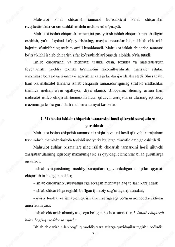 tiga ega bo’lgan mehnatga haq to’lash xarajatlari; · ishlab chiqarishga tegishli bo’lgan ijtimoiy sug’urtaga ajratmalari; · asosiy fondlar va ishlab chiqarish ahamiyatiga ega bo’lgan nomoddiy aktivlar amortizatsiyasi; · ishlab chiqarish ahamiyatiga ega bo’lgan boshqa xarajatlar. i. ishlab chiqarish bilan bog’liq moddiy xarajatlar. ishlab chiqarish bilan bog’liq moddiy xarajatlarga quyidagilar tegishli bo’ladi: 1. ishlab chiqariladigan mahsulot asosini tashkil etib uning tarkibiga kiradigan yoki mahsulot tayyorlashda (ishlarni bajarishda, xizmatlar ko’rsatishda) zarur tarkibiy qism hisoblangan chetdan sotib olinadigan xom ashyo va materiallar. 2. normal texnologiya jarayonini ta’minlash va mahsulotlarni o’rash uchun mahsulot (ishlar, xizmatlar) yoki boshqa ishlab chiqarish ehtiyojlariga sarflanadigan (asbob-uskunalar, binolar, inshootlar va boshqa asosiy vositalar sinovini o’tkazish, nazorat qilish, saqlash, tuzatish va ulardan foydalanish) uchun ishlab chiqarish jarayonida foydalanadigan, xarid qilinadigan materiallar, shuningdek, asbob-uskunalarni tuzatish uchun ehtiyot qismlar, instrumentlar, moslamalar, inventar, priborlar laboratoriya asbob-uskunalari va asosiy fondlarga kirmaydigan boshqa arzonbaho ashyolarning eskirishi. 3. sotib olinadigan, kelgusida ushbu xo’jalik yurituvchi subyektda montaj …