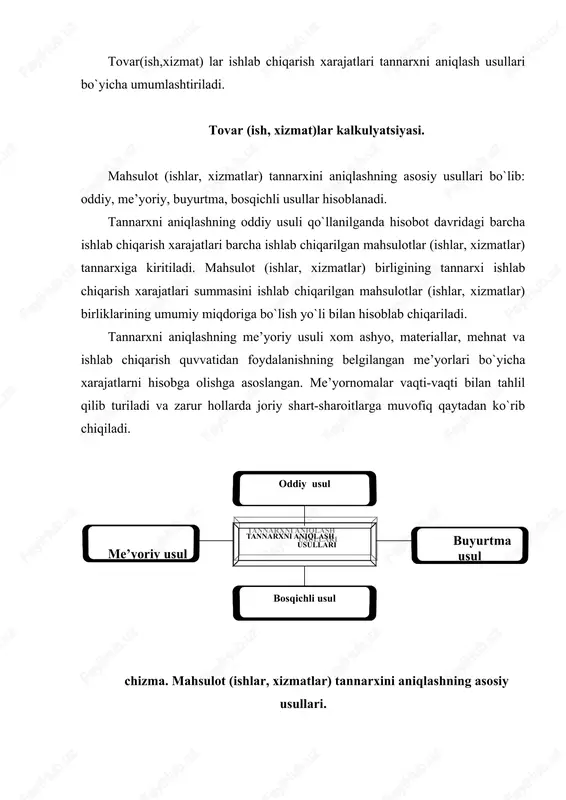 lotga emas, balki uning tugallangan konstruksiyalarga ega bo`lgan alohida agregatlari, uzellariga berilishi mumkin. buyurtma birligining tannarxi uning bajarilishi (mahsulot ishlab chiqarilishi, ishlar bajarilishi yoki xizmatlar ko`rsatilishi) tugallangandan keyin aniqlanadi. buyurtma bo`yicha xarajatlarning butun summasi uning tannarxini tashkil qiladi. buyurtmalar qisman bajarilib, ular buyurtmachilarga topshirilganda qisman ishlab chiqarish tannarxi ularning konstruksiyalari, texnologiyalari, ishlab chiqarish shart-sharoitlaridagi o`zgarishlarni hisobga olgan holda ilgari bajarilgan buyurtmalarning tannarxi bo`yicha baholanadi. chizma. mahsulot tannarxini aniqlashning buyurtma usulining sxematik ko`rinishi tannarxni aniqlashning bosqichli usuli boshlang`ich xom ashyo va materiallar ishlab chiqarish jarayonida bir qator bosqich, faza, pog`onalardan o`tadigan tashkilotlarda qo`llanadi. ushbu usulda avval barcha mahsulotlar (ishlar, xizmatlar)ning tannarxi, so`ngra uning birligi tannarxi aniqlanadi. bosqichli usul tashkilotning tarmoqqa mansubligiga bog`liq holda ikki variantda amalga oshirilishi mumkin: yarim tayyor mahsulotli va yarim tayyor mahsulotsiz variantlarda. yarim tayyor mahsulotli variantda har bir bosqich bo`yicha mahsulot (ishlar, xizmatlar) tannarxi hisoblab chiqariladi hamda u avvalgi bosqichlar mahsuloti (ishlar, xizmatlar)ning tannarxi va mazkur bosqich …