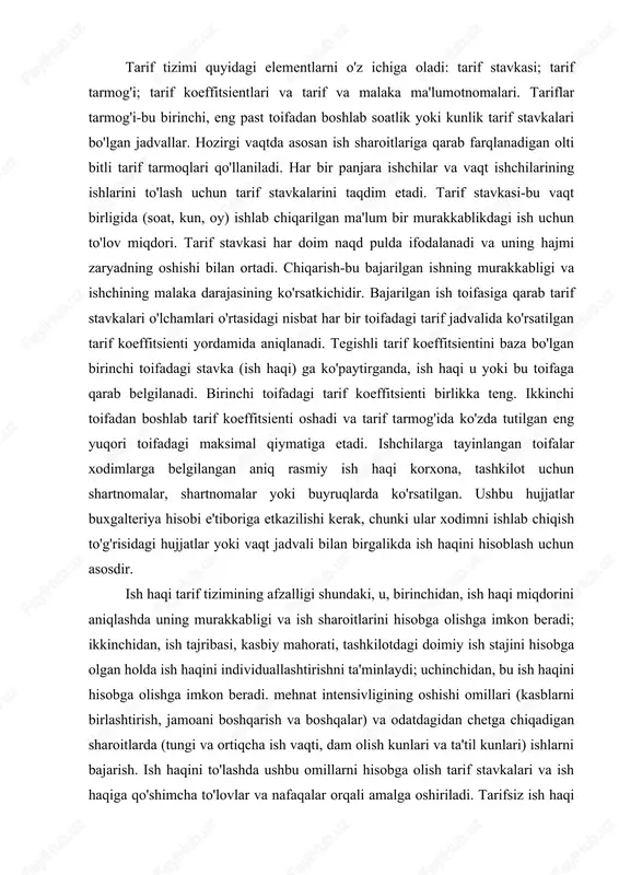 h uchun asosdir. ish haqi tarif tizimining afzalligi shundaki, u, birinchidan, ish haqi miqdorini aniqlashda uning murakkabligi va ish sharoitlarini hisobga olishga imkon beradi; ikkinchidan, ish tajribasi, kasbiy mahorati, tashkilotdagi doimiy ish stajini hisobga olgan holda ish haqini individuallashtirishni ta'minlaydi; uchinchidan, bu ish haqini hisobga olishga imkon beradi. mehnat intensivligining oshishi omillari (kasblarni birlashtirish, jamoani boshqarish va boshqalar) va odatdagidan chetga chiqadigan sharoitlarda (tungi va ortiqcha ish vaqti, dam olish kunlari va ta'til kunlari) ishlarni bajarish. ish haqini to'lashda ushbu omillarni hisobga olish tarif stavkalari va ish haqiga qo'shimcha to'lovlar va nafaqalar orqali amalga oshiriladi. tarifsiz ish haqi tizimi xodimning daromadini xodim tegishli bo'lgan jamoaning yakuniy natijalariga to'liq bog'liq qiladi. ushbu tizim bilan qat'iy ish haqi yoki tarif stavkasi o'rnatilmaydi. bunday tizimdan foydalanish faqat har bir jamoaning umumiy qiziqishi va javobgarligi bilan xodimning mehnat natijalarini hisobga olish uchun haqiqiy imkoniyat mavjud bo'lgan holatlarda tavsiya etiladi. turli xil mulkchilik shaklidagi korxonalarda …