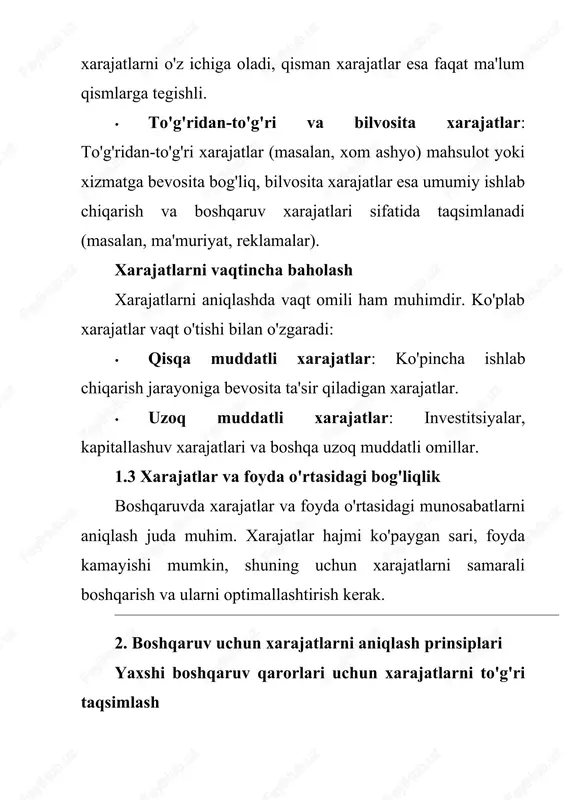 ifalarni ustuvor qilish · vazifalarni belgilashda ularning ustuvorligini hisobga olish kerak. masalan, qisqa muddatli samaradorlikni oshirishni maqsad qilgan vazifalar uzoq muddatli strategik maqsadlar bilan birgalikda bajarilishi kerak. vazifalarni boshqarish va monitoring qilish · vazifalar bajarilish jarayonida monitoring va baholash tizimi yaratilishi kerak. bu orqali ularning bajarilishi va xarajatlar bilan bog'liq natijalar doimiy ravishda tahlil qilinadi. xarajatlarni va vazifalarni boshqarishda asosiy qoida xarajatlarni boshqarishda asosiy qoida shundan iboratki, xarajatlar samarali boshqarilgan bo'lishi kerak. har bir xarajatni baholashda, ular korxona strategiyasiga mos ravishda maksimal foyda olishga qaratilgan bo'lishi zarur. bu jarayon: · xarajatlarni aniqlash va taqsimlashni o'z ichiga oladi, · vazifalarni samarali bajarishni ta'minlaydi, · qarorlar qabul qilishda to'g'ri ma'lumotlarga tayanadi. xarajatlar va vazifalarni aniqlashda asosiy e'tibor vaqt, resurslar va maqsadlarga qarab ularning taqsimlanishiga beriladi. bu esa o'z navbatida qarorlar qabul qilishda aniq yo'nalishlarni belgilaydi va korxonaning iqtisodiy samaradorligini oshiradi. xarajatlar va vazifalarni aniqlash uchun qoʻllaniladigan umumiy prinsiplar iqtisodiy va moliyaviy boshqaruvning …