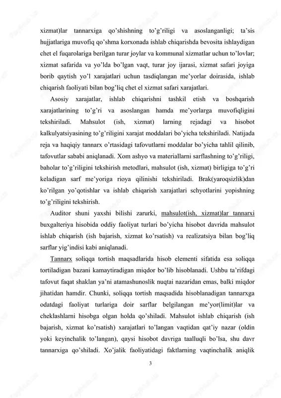 bi aniqlanadi. tannarx soliqqa tortish maqsadlarida hisob elementi sifatida esa soliqqa tortiladigan bazani kamaytiradigan miqdor bo’lib hisoblanadi. ushbu ta’rifdagi tafovut faqat shaklan ya’ni atamashunoslik nuqtai nazaridan emas, balki miqdor jihatidan hamdir. chunki, soliqqa tortish maqsadida hisoblanadigan tannarxga odatdagi faoliyat turlariga doir sarflar belgilangan me’yor(limit)lar va cheklashlarni hisobga olgan holda qo’shiladi. mahsulot ishlab chiqarish (ish bajarish, xizmat ko’rsatish) xarajatlari to’langan vaqtidan qat’iy nazar (oldin yoki keyinchalik to’langan), qaysi hisobot davriga taalluqli bo’lsa, shu davr tannarxiga qo’shiladi. xo’jalik faoliyatidagi faktlarning vaqtinchalik aniqlik tamoili tannarxni to’g’ri shakllantirish uchun tovar-moddiy zahira (ish, xizmat)lar qiymatining to’langanlik fakti emas, balki ularni ishlatish(sarflash) fakti ahamiyatli ekanini bildiradi. masalan, auditorga tekshiruv o’tkazish uchun taqdim qilingan hujjatlar mazmunidan ma’lum bo’lishicha, tekshirilayotgan korxona tomonidan o’tgan yili dekabr oyida keyingi yil uchun ishlab chiqarish binolarining ijara haqi to’langan. ushbu sarf shu vaqtning o’zida ya’ni o’tgan yili dekabr oyida mahsulot(ish, xizmat)lar tannarxiga olib borilgan. auditor ushbu xo’jalik muomalasini asossiz, ya’ni o’tgan yildagi …