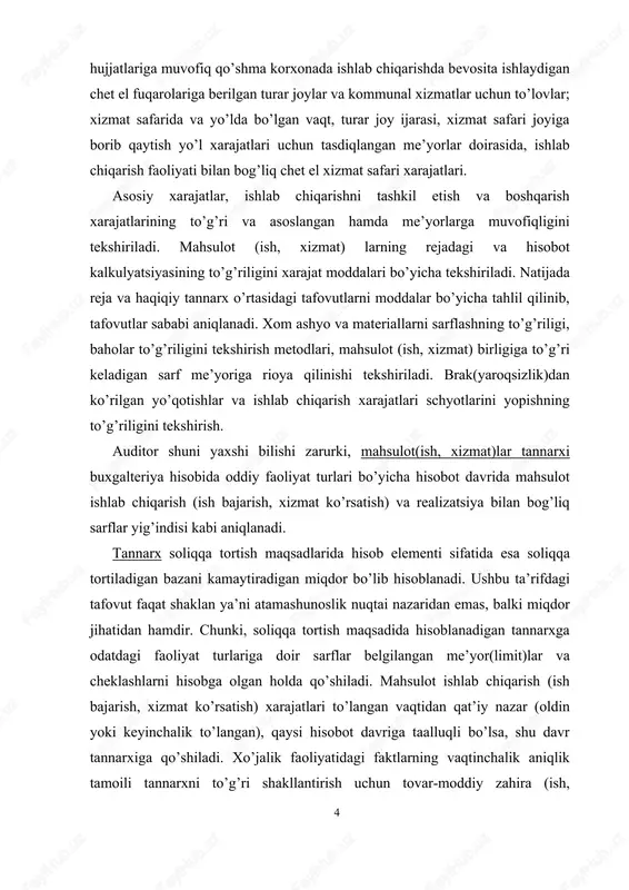 iqlanadi. tannarx soliqqa tortish maqsadlarida hisob elementi sifatida esa soliqqa tortiladigan bazani kamaytiradigan miqdor bo’lib hisoblanadi. ushbu ta’rifdagi tafovut faqat shaklan ya’ni atamashunoslik nuqtai nazaridan emas, balki miqdor jihatidan hamdir. chunki, soliqqa tortish maqsadida hisoblanadigan tannarxga odatdagi faoliyat turlariga doir sarflar belgilangan me’yor(limit)lar va cheklashlarni hisobga olgan holda qo’shiladi. mahsulot ishlab chiqarish (ish bajarish, xizmat ko’rsatish) xarajatlari to’langan vaqtidan qat’iy nazar (oldin yoki keyinchalik to’langan), qaysi hisobot davriga taalluqli bo’lsa, shu davr tannarxiga qo’shiladi. xo’jalik faoliyatidagi faktlarning vaqtinchalik aniqlik tamoili tannarxni to’g’ri shakllantirish uchun tovar-moddiy zahira (ish, xizmat)lar qiymatining to’langanlik fakti emas, balki ularni ishlatish(sarflash) fakti ahamiyatli ekanini bildiradi. masalan, auditorga tekshiruv o’tkazish uchun taqdim qilingan hujjatlar mazmunidan ma’lum bo’lishicha, tekshirilayotgan korxona tomonidan o’tgan yili dekabr oyida keyingi yil uchun ishlab chiqarish binolarining ijara haqi to’langan. ushbu sarf shu vaqtning o’zida ya’ni o’tgan yili dekabr oyida mahsulot(ish, xizmat)lar tannarxiga olib borilgan. auditor ushbu xo’jalik muomalasini asossiz, ya’ni o’tgan yildagi mahsulot …