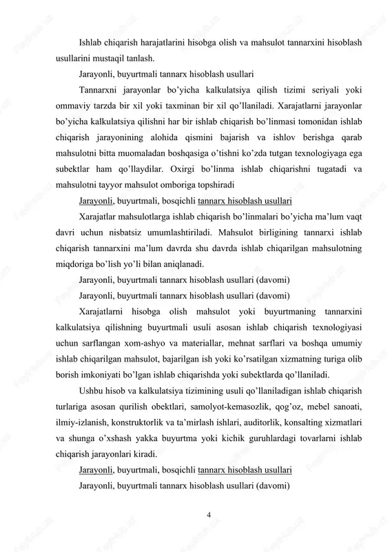 va ta’mirlash ishlari, auditorlik, konsalting xizmatlari va shunga o’xshash yakka buyurtma yoki kichik guruhlardagi tovarlarni ishlab chiqarish jarayonlari kiradi. jarayonli, buyurtmali, bosqichli tannarx hisoblash usullari jarayonli, buyurtmali tannarx hisoblash usullari (davomi) buyurtmalar bo’yicha xarajatlarni umumlashtirilgan hisobi quyidagilar yordamida tashkil etiladi: nazorat schyotlari; alohida hisoblash va shartnoma bo’yicha tannarx kalkulatsiyasi. nazorat schyotlari - bu xarajatlar va ular bilan korrespondensiyada bo’ladigan schyotlarni moliyaviy hisobning odatdagi tartibida ochilishini ko’zda tutuvchi schyotlar tizimi hisoblanadi. xarajatlarning analitik schyotlari xarajatlar to’plami kartochkalarida ko’rsatilgan - ularda to’g’ri xarajatlar umumlashtiriladi. egri xarajatlarni esa taqsimlash hisoblari bo’yicha hisobot davri tugagandan so’ng kiritiladigan "buyurtmalar kartochkalari"da hisobga olib boriladi. jarayonli, buyurtmali, bosqichli tannarx hisoblash usullari alohida hisoblash - bu boshqaruv va moliyaviy hisobda schyotlarni alohida ochishni ko’zlovchi hisob tizimi bo’lib, bu holda xarajatlar schyotlariga moliyaviy muomalalar haqida yozuvlar qilinmaydi. shartnoma bo’yicha tannarx kalkulatsiyasi - ishlab chiqarilishi uzoq siklli bo’lgan yirik buyumlarni hisobga olish va kalkulatsiya qilish tizimi hisoblanadi. jarayonli, buyurtmali tannarx …